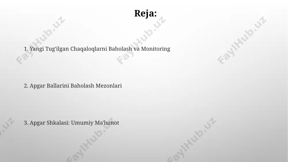 arhol tibbiy yordam kerak. apgar balini aniqlashda xatoliklarni kamaytirish uchun malakali tibbiyot xodimlarining muntazam treninglari va amaliy mashgʻulotlarini oʻtkazish zarur, bu aniqlikni 95% ga oshirishi mumkin. apgar shkalasining cheklovlari apgar shkalasi faqat tug'ilishdan keyingi birinchi 5-10 daqiqadagi holatni baholashga qaratilgan bo'lib, keyingi sog'liq holatini to'liq aks ettirmaydi va uzoq muddatli prognozni bermaydi. apgar ballari faqatgina beshta asosiy parametrni o'z ichiga oladi, boshqa muhim tug'ma nuqsonlar va patologiyalarni aniqlashda yetarli emas, qo'shimcha tekshiruvlar talab etiladi. 1-daqiqali va 5-daqiqali baholar 1 va 5-daqiqali apgar ballari oʻrtasidagi farq, agar boʻlsa, chaqaloqning holatiga taʼsir etgan omillar, masalan, gipoksiya yoki asfiksiya kabi holatlar haqida maʼlumot beradi va qoʻshimcha tekshiruvlar oʻtkazish zarurligini koʻrsatishi mumkin. 5-daqiqali apgar balli esa tugʻilgandan 5 daqiqadan keyin oʻlchanadi va chaqaloqning holatida yaxshilanish yoki yomonlashishini aniqlashda yordam beradi, bu vaqt oraligʻida tibbiy yordamning samaradorligini baholashga imkon beradi. ballarni baholash чақалоқнинг апгар шкаласи бўйича баҳоланишида нафас олиши 0 дан 2 баллгача баҳоланади, бунда …