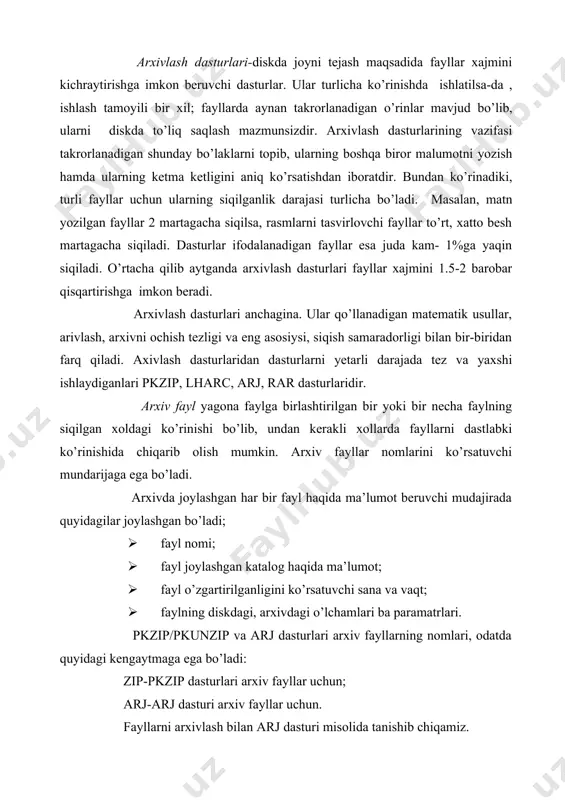 arxivlash bilan arj dasturi misolida tanishib chiqamiz. agar matn kataloglaridagi fayllarni arxivlash lozim bo’lsa, arj a matn ro’rinishida buyruq beriladi. bu yerda arj arxivlash dasturining nomi, a-“add”(qo’shimcha qilmoq) so’zidan olingan arxivni tuzish yoki mavjud arxivga fayllarni qo’shimcha qilish amalini anglatuvchi ko’rsatma, matn esa hosil qilinadigan arxiv faylning nomi. mazkur buyruq berilgandan so’ng fayllarni arxivga joylashtirish boshlanadi va bunda har bir faylning nomi hamda uning siqilish foizi ko’rsatilib boriladi. dastur ishi tugagandan so’ng, katalogdagi barcha fayllarni o’z ichiga olgan matn.arj arxiv fayli hosil bo’ladi.(fayl nomidagi arj kengaytmani arxivlash dasturining o’zi qo’shadi.) mazkur buyruq lhars arxivlash dasturi uchun lhars a matn ko’rinishida, pkzip arxivlash dasturi uchun pkzip – a matn ko’rinishida bo’ladi. buyruqlar mos ravishda matn.izh va matn.zip fayllarini hosil qiladi. joriy katalogdagi fayllarni bir buyruq yordamida boshqa katalog yoki boshqa diskka arxivlash ham mumkin. buning uchun buyruq ko’rinishini quyidagicha bo’ladi; arj a c:\archive\mtn yoki arj:\matn birinchi buyruq matn.arj faylini c diskdagi …