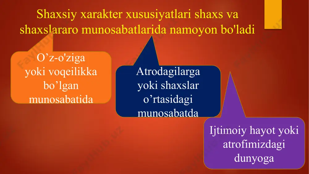 mperament va atrof-muhit ta'siri ostida o'zgarish kabi xususiyatlari hosil bo'ladi. xarakterning shaxsiyat bilan bog'liqligi "xarakter" va "shaxs" tushunchalari o'rtasida turli xil bog'liqliklar mavjud: ushbu tushunchalar aniqlanadi xarakter shaxsiyatga kiradi shaxs xarakter tuzilishiga kiradi xarakter tushunchalar tipiga ko’ra kesishgan deb hisoblanadi xarakter - shaxsning voqelikka bo`lgan munosabatlarini ifodalovchi uning xulq - atvori va xatti - harakatlarida namoyon bo`ladigan barqaror xususiyatlarning individual tarzdagi yig`indisi. xarakter aktsentuatsiyasi - biror xususiyatning boshqa belgilar fonida ajralib turishi va alohida rivojlanishga ega bo`lishi. psixopatiya - aqliy qobiliyat saqlanib qolgani tarzda boshqa kishilar bilan bog`liq xarakterga oid hastalik, ba`zan atrofdagilar uchun ijtimoiy xavfli bo`lishi ham mumkin. pathy - yuz mushaklari harakatini boshqaruvchi asablarning shikastlanishi bilan tavsiflanadigan nevrologik kasallik. bu yuz mushaklarida bir tomonlama falaj yoki zaiflik sifatida namoyon bo'ladi. pathy vaqtinchalik yoki doimiy bo'lishi mumkin va sababiga qarab, bu yallig'lanish, mexanik shikastlanish yoki asabning qon ta'minotining buzilishi sabab bo'lishi mumkin. aktsentuatsiya - bu xarakter xususiyatlarining haddan tashqari …