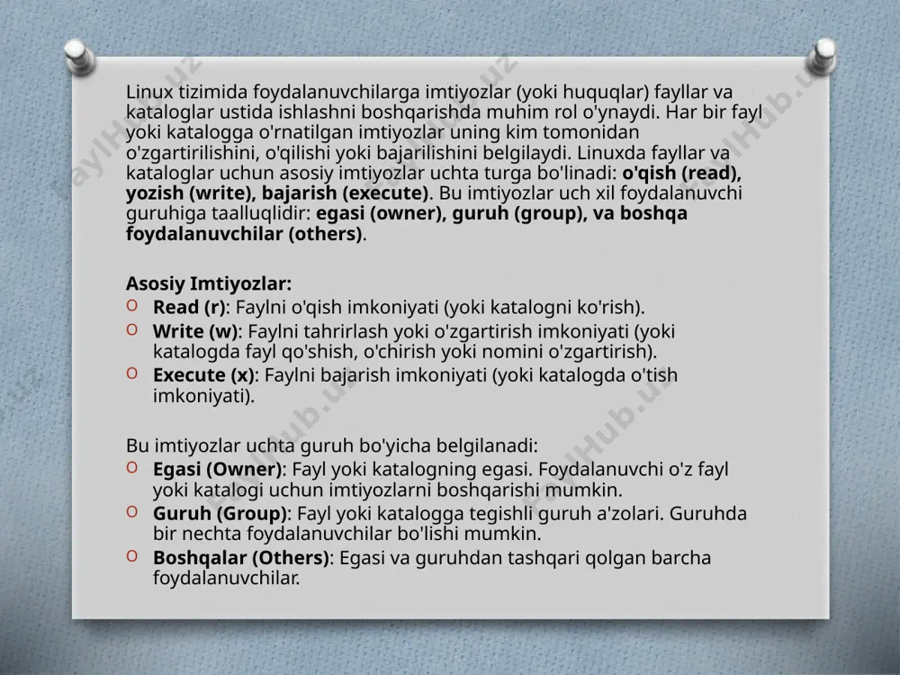 i, foydalanuvchilarga va guruhlarga o'zlarining kerakli huquqlarini berish imkonini beradi. bu imtiyozlarni to'g'ri boshqarish tizimning xavfsizligini ta'minlashda muhim ahamiyatga ega. foydalangan adabiyotlar helmut kopka, patrick w. daly, "the latex companion". 2nd edition, addison-wesley professional, 2003. leslie lamport, "latex: a document preparation system". 2nd edition, addison-wesley, 1994. https://tobi.oetiker.ch/lshort/lshort.pdf https://en.wikibooks.org/wiki/latex https://www.ctan.org/ e’tiboringiz uchun rahmat! image3.jpeg image4.png /docprops/thumbnail.jpeg