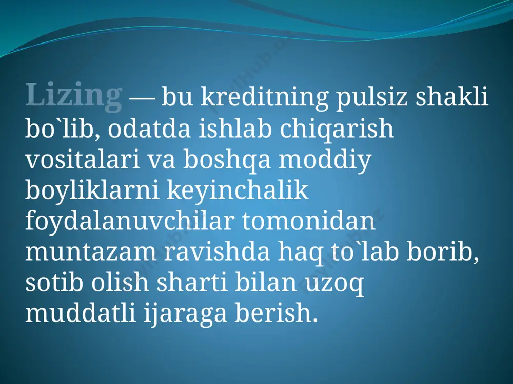 a bankdan qarz olishlari uchun imtiyozli sharoitlar yaratib beradi. lizing investitsiya jaryonini moliyaviy ta`minlashda istiqbolli yo`nalish hisoblanadi. lizing korxonaga nisbatan kam mablag` bilan asosiy fondlarni yangilash, yangi mahsulotlar ishlab chiqarishda texnika bazasini yaratish, mulk ijarasi haqini ishlab chiqarilgan mahsulotni sotishdan tushgan daromad hisobidan asta-sekin to`lash imkoniyatlarini yaratadi. 8 o`zbekistonda birinchi lizing kompaniyalari 1994 y.dan boshlab tashkil etila boshladi. 2003 y.da 6 ta lizing kompaniyasi ishladi. o`zbekiston respublikasida lizing munosabatlari o`zbekiston respublikasining 1999 y. 14 apr.da kabul qilingan "lizing to`grisida"gi qonuni bilan tartibga solinadi. lizing bo`yicha amaliy ishlarni olib boradigan "o`zbeklizing interneyshnl" (1995), "o`zqishloqxo`jalikmashlizing" aksiyadorlik kompaniyalari respublikadagi yirik lizing kompaniyalari hisoblanadi. lizing ob'yekti sifatida quyidagilar bo`lishi mumkin: mini zavodlar, xom ashyo va materiallarni qayta ishlaydigan sexlar; aholi iste'mol mahsulotlarini ishlab chiqarish asbob-uskunalar; qishloq xo`jlaik va qurilish texnikasi; transport, aloqa vositalari; boshqa ishlab chiqarish asbob-uskunalari va mol-mulklar. lizing sharsnomasini rasmiylashtirish jarayoni quyidagi bosqichlarga bo'linadi: bank tomonidan lizingga ariza qabul qilinishi va lizing …