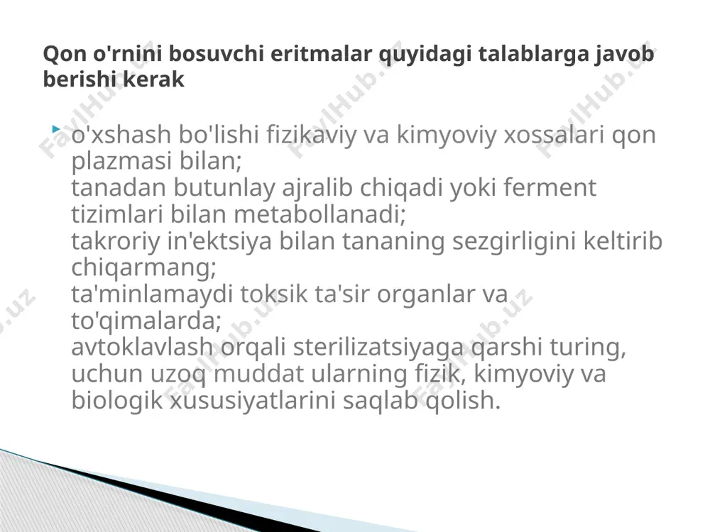 st bo'lmagan haroratda saqlang. detoksifikatsiya qiluvchi qon o'rnini bosuvchi moddalar: balansli transfuzion terapiya interstitsial bo'shliqda osmotik bosimni tiklash va ushlab turish uchun elektrolit eritmalarini kiritishni o'z ichiga oladi. elektrolit eritmalari qonning reologik xususiyatlarini yaxshilaydi, mikrosirkulyatsiyani tiklaydi. shok holatida qon yo'qotilishi, og'ir intoksikatsiya, bemorning suvsizlanishi suv hujayralararo bo'shliqlardan qon oqimiga o'tadi, bu esa hujayralararo bo'shliqda suyuqlik etishmasligiga olib keladi.past molekulyar og'irlikdagi tuz eritmalari kapillyar devor orqali interstitsial bo'shliqqa osonlikcha kirib, suyuqlik hajmini tiklaydi. tuzli qon o'rnini bosuvchi barcha eritmalar tezda chiqib ketadi qon oqimi... shuning uchun ularni kolloid eritmalar bilan birgalikda ishlatish maqsadga muvofiqdir, bu ularning qonda aylanish vaqtini uzaytiradi. elektrolit eritmalari: (sinonim: infuzion vositalar, qon o'rnini bosuvchi moddalar, plazma o'rnini bosuvchi moddalar, qon o'rnini bosadigan eritmalar, plazma o'rnini bosuvchi eritmalar, gemokorektorlar) - bilan ishlatiladigan vositalar terapevtik maqsad qonning bir yoki bir nechta fiziologik funktsiyalarini bajarish. biologik yoki sintetik polimerlar, aminokislotalar, uglevodlar, yog'lar va tuzlar bilan tuzilgan. qon o'rnini bosadigan suyuqliklar …