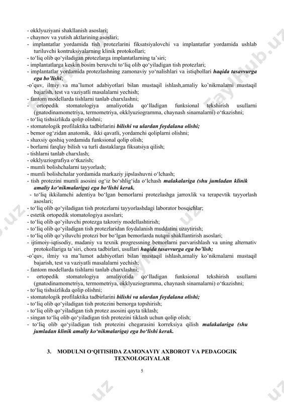 ik amaliy ko‘nikmalariga) ega bo‘lishi kerak. - to‘liq ikkilamchi adentiya bo‘lgan bemorlarni protezlashga jarroxlik va terapevtik tayyorlash asoslari; - to‘liq olib qo‘yiladigan tish protezlarni tayyorlashdagi laborator bosqichlar; - estetik ortopedik stomatologiya asoslari; - to‘liq olib qo‘yiluvchi protezga takroriy modellashtirish; - to‘liq olib qo‘yiladigan tish protezlaridan foydalanish muddatini uzaytirish; - to‘liq olib qo‘yiluvchi protezi bor bo‘lgan bemorlarda nutqni shakllantirish asoslari; - ijtimoiy-iqtisodiy, madaniy va texnik progressning bemorlarni parvarishlash va uning alternativ protokollariga ta’siri, chora tadbirlari, usullari haqida tasavvurga ega bo’lish; -o’quv, ilmiy va ma’lumot adabiyotlari bilan mustaqil ishlash,amaliy ko’nikmalarni mustaqil bajarish, test va vaziyatli masalalarni yechish; - fantom modellarda tishlarni tanlab charxlashni; - ortopedik stomatologiya amaliyotida qo‘lladigan funksional tekshirish usullarni (gnatodinamometriya, termometriya, okklyuziogramma, chaynash sinamalarni) o‘tkazishni; - to‘liq tishsizlikda qolip olishni; - stomatologik profilaktika tadbirlarini bilishi va ulardan foydalana olishi; - to‘liq olib qo‘yiladigan tish protezini bemorga topshirish; - to‘liq olib qo‘yiladigan tish protez asosini qayta tiklash; - singan to‘liq olib …