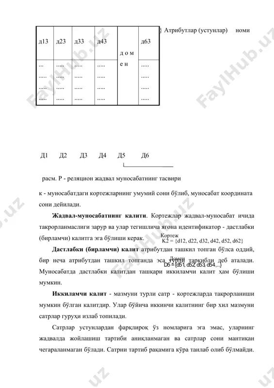 ўлимнинг жой - бўлимни зарур - лашиши лиги 1 - жадвал . ходим жадвал номи 1 - жадвалнинг бирламчи калити 1 - жадвални ташқи калити 1 - жадвал . ходим жадвал номи 2 - жадвални бирламчи калити 5.2.-расм. бир жадвалдан бошқасига мурожаатни ташкил қилиш масалан: 5.2.-расмдаги жадвал учун қуйидаги жадвал схемасига эга бўламиз: ходим (пропуск №, фамилия, мансаб, бўлим номи, телефон); бўлим(бўлим номи, бўлимни жойлашиши, бўлимни зарурлиги). жадвал схемасида бирламчи калитлар курсив орқали кўрсатилган. базаларнинг объектга – мўлжалланган модели дастурлашнинг объектга мўлжалланган тиллари пайдо бўлиши билан тузилиб чиқа бошланди. бундай базаларнинг пайдо бўлиши 90-йилларга тўғри келади. ушбу турдаги базалар синфлар усулларини ўзида сақлайди. кўпинча доимий синфлар объектларини ўзларида сақлаб маълумотлар орасида тўсиқсиз уйғунлашувни ҳамда иловаларда уларга ишлов беришни амалга оширадилар. реляцион моделларнинг ҳозирги замон мббтларида устунликка эришиши қуйидаги омиллар билан аниқланади: 1) ривожланган назариянинг мавжудлиги (реляцион алгебрани); 2) маълумотларни бошқа моделларини реляцион моделларга келтириш аппаратининг мавжудлиги; 3) ахборотга рухсатли киришни …