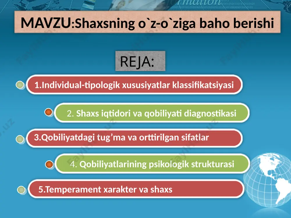 ati va xulqining dinamik va xulqining dinamik va emotsional-hissiy tomonlarini xarakterlovchi individual xususiyatlar majmuidir akademik i.pavlov temperament xususiyatlarini belgilab beruvchi uch oliy nerv tizimi xossalarini ajratgan: kuch-ya’ni nerv tizimining kuchli qo’zgatuvchilarga bardoshi muvozanatlashganlik-asabdagi tormozlanish va qo’zg’alish jarayonlarining mutanosibligi harakatchanlik-qo’zg’alish va tormozlanish jarayonlarining tez almashuvchanligi nerv sistemasi tiplari muvozanat-lashgan muvozanat-siz inert kuchsiz sangvinik xolerik flegmatik melanxolik x a r a k t e r xarakter shaxsdagi shunday psixologik subyektiv munosabatlar majmuiki ular uning borliqqa odamlarga predmetlar faoliyatigahamda o’z-o’ziga munosabatni ifodalaydi emotsional kognitiv-borliq muhitning turli tomonlarini shaxs qanday emotsional his qilishi va o’zida shu olamning emotsional manzarasini yaratishi moltivatsion irodaviy –ma’lum harakatlar va xulqni amalga oshirishga undovchi kuchlar. v.s.merlin xarakter tarkibidan ajratgan komponentlar xarakterning quyidagi tizimlari mavjud o’z-o’ziga munosabatda namoyon bo’luvchi mehnat faoliyatida namoyon bo’luvchi insonlarga bo’lgan munosabatda namoyon bo’luvchi narsa va hodisalarga munosabatda namoyon bo’luvchi savollaringiz bormi? foydalanilgan adabiyotlar ro’yxati www.google.uz ziyonet.uz www.ref.uz 1. arlayg m. psixologiya moskva 1990y 2. nemov …