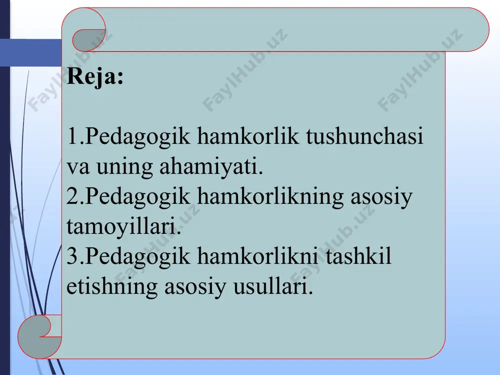 irlar -so‘rovnomalar, anketalar -treninglar, seminarlar -pedagogik kengashlar -oilaviy loyihalar -raqamli texnologiyalar -bolalar ishtiroki xulosa maktabgacha ta’lim tashkilotida pedagogik hamkorlikni samarali tashkil etish — ta’lim-tarbiya jarayonining sifatini oshirish, bolaning sog‘lom, faol va har tomonlama rivojlanishini ta’minlashda muhim omil hisoblanadi. pedagogik hamkorlik bu — tarbiyachi, ota-ona, psixolog va boshqa mutaxassislarning yagona maqsad yo‘lida o‘zaro ishonch, hurmat va faol muloqotga asoslangan faoliyatidir. samarali hamkorlikni ta’minlash uchun quyidagi usullar samarali hisoblanadi: ota-onalar bilan muntazam muloqot, ochiq mashg‘ulotlar, loyihaviy faoliyatlar, seminar va treninglar, anketalar, raqamli aloqa vositalari va ijtimoiy tarmoqlarda bog‘cha hayotini aks ettirish. bu usullar nafaqat ta’lim sifatini oshiradi, balki ota-onalarni bolalar tarbiyasida faol ishtirokchi sifatida shakllantiradi. xulosa qilib aytganda, pedagogik hamkorlikni zamonaviy, interfaol va insoniy yondashuvlar asosida tashkil etish orqali maktabgacha ta’limdagi har bir bola uchun qulay, iliq va samarali tarbiyaviy muhit yaratish mumkin. e’tiboringiz uchun raxmat! image1.jpeg