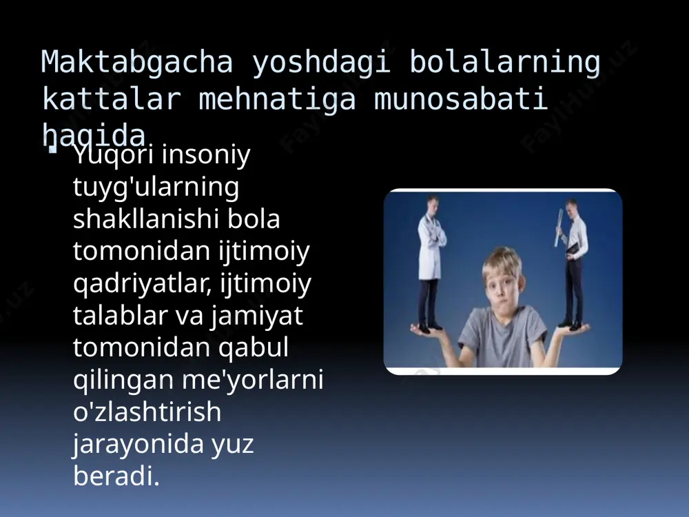 larga g'amxo'rlik qilishda oddiy mehnat ko'nikmalarini osonlikcha egallaydilar. foydalanilgan adabiyotlar ro'yxati . aleshina n.v. maktabgacha yoshdagi bolalarni atrof-muhit bilan tanishtirish / n.v. aleshina.-m .: "rossiya pedagogik jamiyati", 2000.- 128s. 2. maktabgacha tarbiyachining mehnatga o'rgatish / ed. v.g.nechaeva.-m .: ta'lim, 1974.-192s. 3. kondrashov v.p. maktabgacha yoshdagi bolalarni kasblar dunyosiga kiritish: o'quv-uslubiy qo'llanma / v.p. kondrashov.-balashov: "nikolaev" nashriyoti, 2004 yil. 4. loginova v., misharina l. katta yoshdagi ish g'oyasini shakllantirish / v.loginova, l.misharina // maktabgacha ta'lim.- 1978.- № 10.- 56-63-betlar. 5. potapova t.v. 4-7 yoshli bolalar bilan kasblar to'g'risida suhbatlar / t.v., potapova.-m.: sc sphere, 2008.- 64s. 6. fedorenko v. kasblar to'g'risida g'oyalarni shakllantirish. / v. fedorenko // maktabgacha ta'lim.- 1978.-№10.- s. 64-69. e’tiboringiz uchun rahmat image2.png image3.png image4.png image5.png image6.png /docprops/thumbnail.jpeg