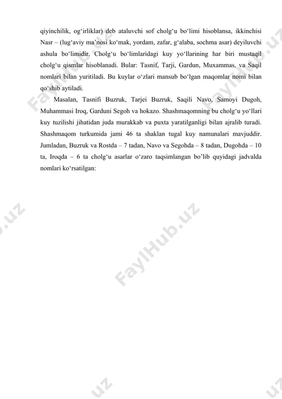 ir. tasnif – arabcha so’z bo‘lib, “sinflashgan”, “tabaqalashgan”, “yaratilgan”, kabi ma’nolarni bildiradi. shashmaqom majmuasida jami 6 ta tasnif mavjud (7-betga qarang). barcha tasniflarning parda tuzilmalari hamda kuy mavzulari boshqa-boshqa bo‘lsa-da, doira usuli zarblari deyarli bir qolipda. shu bois uning shakli musiqachilar orasida ko‘proq “tasnif usuli” deb yuritiladi. tasnifning takt-ritm o‘lchovi 4 2 , bo‘lib, ular maqomlardan kuy harakati jarayonida o‘zgarmaydi. tasniflarning doira usullari, asosan, bir xil bo‘lsada, ba’zan kuy xarakteriga qarab qisqaroq shaklda ham kelishi mumkin. shashmaqom cholg‘u yo‘llaridan o‘rin olgan jamiki cholg‘u kuylar xalqimiz ko‘nglidan joy olib xalq orasida keng ko‘lamda mashhurdir.“shashmaqom cholg‘u kuylari xalqimizning turli badiiy-estetik ehtiyojlari uchun xizmat qilib, hatto xalq shodiyonalarida, to‘ylarida, bayramlarida ularning madaniy talablarini qondirib keldi. shu o‘rinda surnaylarda ijro etib kelingan navo, dugoh, segoh va iroq maqom yo‘llarini eslatishning o‘zi kifoyadir”.11 shu kabi kuylar inson ruhiyatigaijobiy ta’sir etib, yurakdagi dardlardan forig‘ etadi. xissiyotni junbushga keltirib, ko’ngilga malham bo‘lishga, chuqur o‘y hayollarga toldirish kuchiga …