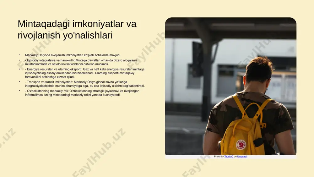 va oqibatlari tahlil qilinayotganda, mintaqadagi ijtimoiy va iqtisodiy holatni ko'rsatuvchi statistik ma'lumotlar keltiriladi. o'zbekistonning qo'shni davlatlar bilan hamkorlikni kuchaytirish bo'yicha tashabbuslari, masalan, suv strategiyasi va iqtisodiy hamkorlik dasturlari, mintaqada barqarorlikni oshirishga qaratilgan. bu tashabbuslar mintaqaviy hamkorlikni mustahkamlash va ziddiyatlarni kamaytirishga yordam beradi. geosiyosiy raqobatning sabablari markaziy osiyoda geosiyosiy raqobat bir qator sabablar bilan bog'liq. birinchidan, davlatlar o'rtasidagi iqtisodiy manfaatlar, masalan, savdo yo'llariga ega bo'lish va resurslarga bo'lgan ehtiyojlar, raqobatni kuchaytiradi. bu, o'z navbatida, mintaqadagi iqtisodiy barqarorlikka ta'sir ko'rsatadi. ikkinchidan, energiya resurslari, xususan, gaz va neft, mintaqada geosiyosiy raqobatning asosiy omillaridan biridir. ushbu resurslarga bo'lgan talab va ularni nazorat qilish uchun kurash davlatlar o'rtasida ziddiyatlarni kuchaytiradi. uchinchidan, xavfsizlik muammolari, jumladan, terrorizm, ekstremizm va mintaqadagi harbiy kuchlar o'rtasidagi ziddiyatlar ham raqobatni kuchaytiradi. mintaqadagi geosiyosiy o'zgarishlar, masalan, yangi ittifoqlar va iqtisodiy hamkorliklar, bu raqobatni yanada murakkablashtiradi va davlatlar o'rtasidagi strategik muvozanatni o'zgartiradi. photo by teddy o on unsplash kelajakdagi geosiyosiy muammolar bu slaydda …