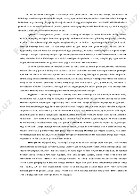 u paydo bo‘ladi. xx asr boshlanishida jeyms-lange nazariyasi juda ko‘p tanqidga uchragan bo‘lsada, lekin so‘nggi paytlarda bu nazariyaga qiziqish paydo bo‘lib, bu nazariyaga yaqin turadigan hissiyot haqida yangi nazariyalar paydo bo‘ldi. bu nazariyalarning paydo bo‘lishi ko‘p jihatdan individual psixologiyaning rivojlanishi bilan ham bog‘liq. his-tuyg‘u bizning tevarak atrofga nisbatan bo‘lgan munosabatimizni aks ettiradi dedik. albatta biz sodir bo‘layotgan voqealarni faqat idrok etmasdan, balki unga muayyan tarzda o‘z munosabatimizni ham bildiramiz. biz kosmonavtlar amalga oshirgan qahramonlik moxiyatinigina emas, shu munosabat bilan mag‘rurlik hissini ham sezamiz. odamning turli xil va ko‘p qirrali his-tuyg‘ulari hamda hissiyotlari ma’lum darajada ijobiy va salbiylarga ajratilishi mumkin. masalan, ishq-muhabbatning ijobiy hissiga rashkning salbiy hissi qo‘shilib qolishi mumkin. his-tuyg‘ular va sezgilar bir-biriga yaqin turgan tushunchalar hisoblanadi. hissiyot va sezgiga mana bunday ta’rif berish ham mumkin: atrofdagi olamga munosabatda bo‘lishga aloqador qisqa fursatli holatlar hissiyot deb, bir qadar uzoq davom etuvchi va chuqur holatlar sezgilar deb ataladi. masalan, onaning o‘z …