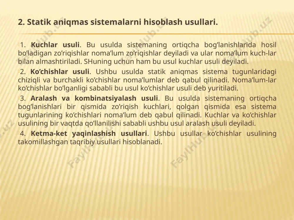 nik tenglamalarini yozing? 6. kuchlar usulining kanonik tenglamasi koeffitsientlari va ozod hadlari qanday aniqlanadi? 7. kuchlar usulining kanonik tenglamasi koeffitsientlari va ozod hadlarini tekshirishni ayting? 8. ramaning ixtiyoriy kesimidagi mx , qx va nx epyuralarini kurishni xamda tekshirishni ayting? 9. statik aniqmas ramalarni tashqi yuklar ta’siriga hisoblash tartibini ayting? l 1 l 2 l = l 1 + l 2 q à) á) 1 5 .1 - ðàñì q à b à b 0 1 1 2 12 1 11 = d + × + + × + × р n n х х х d d d l 0 2 2 2 22 1 21 = d + × + + × + × р n n х х х d d d l 0 2 2 1 1 = d + × + + × + × n р n nn n n х х х d d …