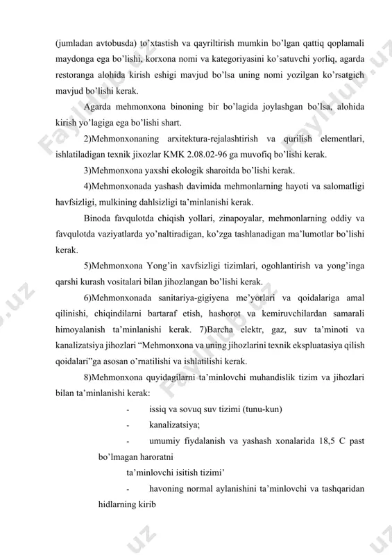 narxlar asosida amalga oshiriladi. iste’molchi ko’rsatilgan hizmatda kamchiliklarni sezsa quyidagilardan birini tanlashi mumkin: · yo’l qo’yilgan kamchilikni qo’shimcha haq olmagan tarzda bartaraf ettirilishi; · hizmatga haq to’lash jarayonida to’lovni tegishli miqdorda kamaytirish; iste’molchi ko’rsatilgan zararni qoplashni talab etishi mumkin. istemolchimehmonxonaning ichki tartib-qoidalariga amal qilishga majbur. ketish chog’ida ijrochiga ma’lum qilishi, to’lovni amalga oshirishi va kalitni topshirishi shart. ijrochi ro’yxatdan o’tkazish chog’ida yashovchilarni asosiy va qo’shimcha hizmatlar, ularni to’lash shakli va tartibi haqida ma’lumot berishi kerak. ijrochi saqlash kamerasidagi yashovcining shahsiy buyumlarining saqlnishini kafolatlashi kerak. qimmatbaxo taqinchoqlar (oltin, platina, kumush, qimmatbaho toshlardan yasalgan buyumlar) saqlashga qabul qilinmaydi. saqlash kamerasiga topshirilmagan va yo’qotilgan pul, qimmatbaho qog’ozlar va qimmatbaho buyumlar shuningdek qimmatbaho taqinchoqlar uchun ijrochi majburiyatni olmaydi. iste’molchidan qabul qilib olingan va yo’qotilgan buyumlarni iste’molchi tiklab berishi, iloj bo’lmagan hollarda buyumning ikki baravar narxini to’lashga majbur. mehmonhonada yashash jarayonida istemolchi hayoti va sog’lig’iga yetkazilgan zarar joriy qonunchilik asosida undiriladi. mdh mamlakatlari fuqarolari kelgani …