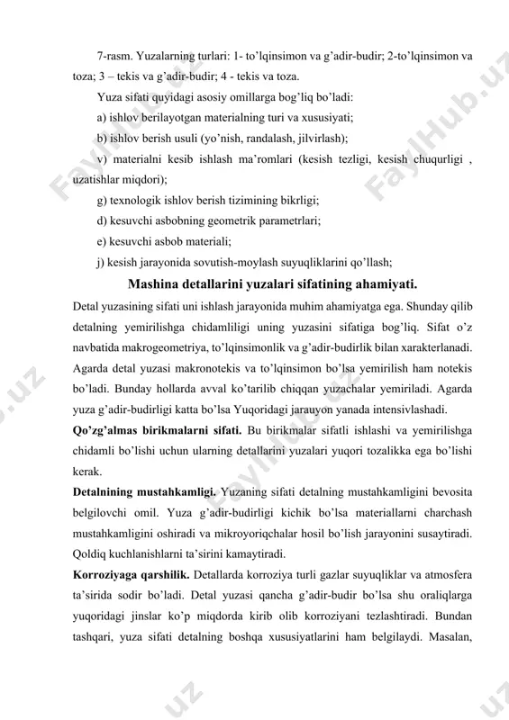 dir bo’lsa shu oraliqlarga yuqoridagi jinslar ko’p miqdorda kirib olib korroziyani tezlashtiradi. bundan tashqari, yuza sifati detalning boshqa xususiyatlarini ham belgilaydi. masalan, tozalik, dekorativ ko’rinish, birikmalarni mustahkam hosil qilish, o’lchov asboblarini aniq ishlashini ta’minlash va shu kabilar. yuza g’adir-budirligini belgilovchi ko’rsatkichlar. mexanik ishlov berish natijasida hosil bo’lgan g’adir-budirlik deganda nisbatan kichik qadamlarda takrorlanuvchi va yuza relpefini hosil qiluvchi notekisliklar yig’indisi tushuniladi. bu g’adir-budirlik bazaviy uzunlik doirasida baholanib, uzunlikni kattaligi yuzani turiga bog’liq. bazaviy uzunlik s ning kattaligi 0,01 dan 25 mm gacha bo’ladi. texnologik mashina va jihozlarning detallarini yuzalarini g’adirbudirligini o’rganish uchun amaliyotda ikkita ko’rsatkich ra va rz yetarli deb hisoblaymiz. ra- yuza profilining o’rtacha arifmetik og’ishi bo’lib og’ishlar h ning absalyut miqdorini o’rtacha arifmetik qiymatiga teng va bazaviy uzunlik chegarasida o’lchanadi (8-rasm). yoki 8-rasm. yuza relpefining tuzilishi. rz- o’nta nuqta bo’yicha notekisliklar bo’lib, bu bazaviy uzunlik doirasida o’lchanayotgan profilli beshta eng baland va beshta eng past nuqtalarini (n) o’rtasidagi …