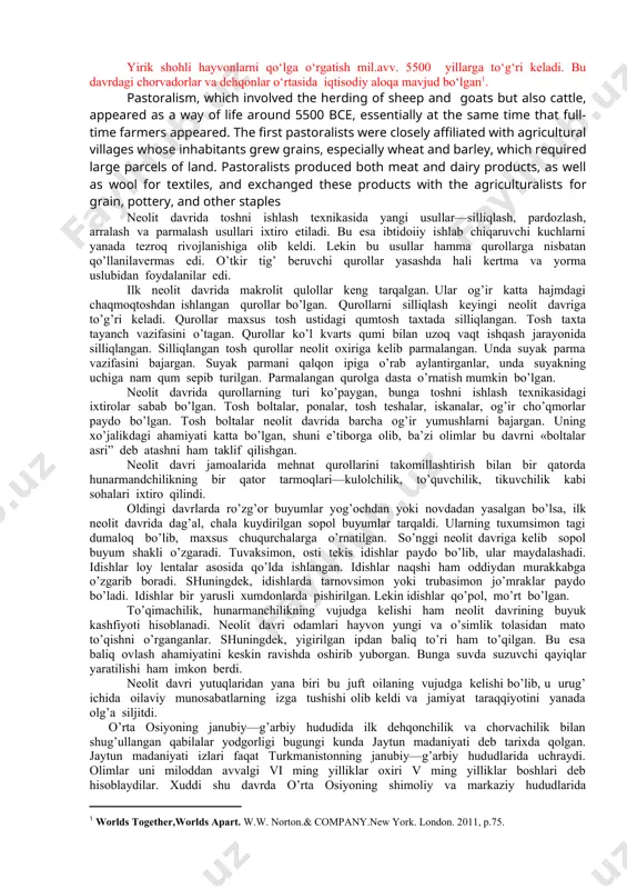ing shakllanishi bilan ajratiladi. ikkinchisi kaltaminor madaniyati – baliqchilik, ovchilik bilan shug’ullanuvchi qabilalar madaniyati bo’lib, daryo va ko’l bo’ylarida iste’komat qilganlar. uchinchisi xisor madaniyati bo’lib, ovchilik bilan shug’ullanganlar. ular tog’li xududlarda yashagan jamoalar bo’lib, mehnat qurollarining aksariyat qismi qayroqtoshlardan yasalganligi bilan ham ajralib turadi. ularning har biri alohida geografik muxitga ega bo’lgan yerlarda joylashgan. neolit davri iqlimi hozirgi iqlim sharoitiga yaqin bo’lgan. o’rta osiyoning janubiy—g’arbiy hududining iqlimi issiq , dehqonchilik uchun qulay bo’lgan. markaziy va shimoliy viloyatlarida ham iqlimning isishi yaylov va cho’l zonalarini vujudga keltirgan. bu esa neolit davri jamoalarining hudud bo’ylab keng tarqalishiga olib kelgan. shuningdek, ular mezolit davridagidek daydi hayot kechirmay, o’troq turmush tarziga o’tadilar. doimiy yerto’la, kulba va loy, guvaladan qurilgan uylarda yashay boshlaydilar. o’troq turmush tarzi janubiy hududlarda dehqonchilikning kelib chiqishiga, cho’l mintaqalarda esa o’troq ovchilik xo’jaligining qaror topishiga olib keldi. keyinchalik uning zamirida chorvachilik paydo bo’ldi. yirik shohli hayvonlarni qo‘lga o‘rgatish mil.avv. 5500 yillarga …