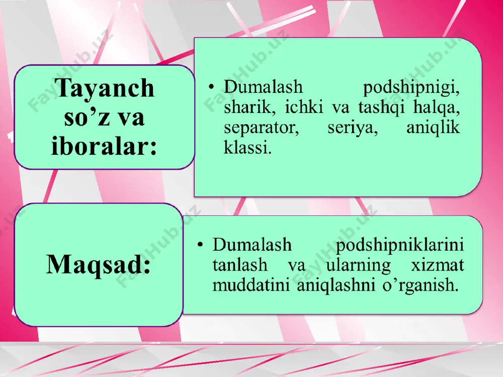 likli; 6-sharikli radial-tirak; 7-konussimon rolikli radial-tirak; 8-sharikli tirak; 9-rolikli tirak. podshipnikning shartli belgilanishida o’ng tomondan beshinchi va keyingi qo’yilgan raqam va harflar podshipnikning konstruktiv o’ziga xosligini bildiradi. podshipnikning konstruktiv o’ziga xosligi shariklar kontakt burchagining o’zgarishi, ichki va tashqi halqalarda mahkamlovchi ariqchalar, bo’rtiqlar, himoyalovchi shaybalar borligi, separator konstruksiyasi va materiali o’zgarishi, shovqin bo’yicha maxsus talablarni bildiradi. ю-podshipnik detallari to’liq yoki qisman korroziyabardoshli po’latdan tayyorlangan; з- podshipnik detallari issiqbardoshli po’latdan tayyorlangan; г-podshipnik separatori qora metaldan tayyorlangan; е-podshipnik separatori plastic materialdan tayyorlangan; ш- podshipnikka shovqin bo’yicha maxsus talab qo’yilgan. dumalash podshipniklari, asosan, to’rtta detaldan: sirtqi va ichki halqalar, separator va dumalaydigan elementdan tuzilgan bo’ladi. detallari juda mustahkam, podshipniklar uchun mo’ljallangan maxsus po’latdan yasaladi. so’nggi yillarda dumalaydigan detallarning hamda separatorning ag–4v stekloplastdan, tekstolitdan va kaprondan tayyorlanganligini uchratish mumkin bo’lib koldi. bunday detallarga ega bo’lgan podshipiiklar shovqinsiz ishlaydi va dinamikaviy kuchlarning salbiy ta’siri deyarli sezilmaydi. podshipnikning ishlash sharoiti. radial va radial–tirak podship­nik­­larning ishlashida ikkita asosiy …