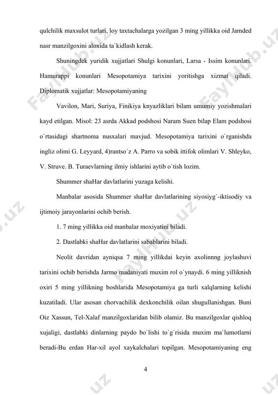 er-shahar davlatlar tarixini uch davrga bo`lamiz: 1. - xxush-xxui davrlar (kish davlatining yuzaga kelishi). 2. - xxun-xxuiasrlar (gilgamesh xalq og`zaki ijodi). 3. - xxu-xx1u asrlar (1-ur dinastiyasi davri). shummer - g`kkad podsholigi. akkad podsholigini kuchayishi natijasida yuzaga kelgai siyosiy jarasnlar umumlashtirib shumer-akkad podsholigi tarixini yoritish kerak. akkad podsholigi asoschilaridan biri xisoblangan sargon faoliyatiyati kizikarli malu.motlr rkali ayniqsa uning kish podshosi lugalzagesni istilo qiladi, natijada akkad xukmronligi urnatiladi. u ko`pgina shumer davlatlari jumladan. ur, umma, pagashni zo`r kiyinchiliklr bilan engib o`ziiing 55 yillik xukmronlik davrida old osiyoning kudratli davlatiga asos soladi. kudratli davlat bunsd `lilgan schi mamlakat iktisodiyotini rivojlantirish uchun ibratli ishlar ayniqsa qishloq xujaligidagi sohasida, xunarmandchilik hamda savdo sotikda edi. akkadning siyosiy rivojlanishi 24-23 asrlarda ancha murakkablashdi jumladan kudratli podsholik sharrum vujudga keltirildi. ammo sargon faoliyati tugagaidan sung knyazliklar o`rtasida oqsoqollar o`rtasida jang ketib podsholik bir qancha viloyaglarida bo`linib ketdi. shumerliklar asta-sekin sargondan keyin ayniqsa ramush davrida ochiqdan-ochiq kurashga o`tdilar. …
