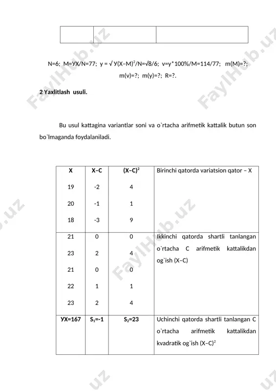 «0» qo`yiladi. haqiqiy o`rtacha arifmetik kattalik aniqlanadi. o`rtacha kvadratik og`ish hisoblanadi. misol: statik kattaliklarning asosiy parametrlarini shartli og`ish usuli bilan hisoblansin. 99,3 101,5 105,6 106,8 104,3 101,4 105,3 minimum – 99,3 г=2 106,5 107,1 108,3 100,3 109,9 104,6 106,5 maksimum – 109,9 105,3 103,5 102,4 100,5 103,3 105,2 n = 20; c = 106. x klass o`rtacha klass p ax pax pax2 99,5 – 101,4 101,5 – 103,4 103,5 – 105,4 105,5 – 107,4 107,5 – 109,4 109,5 – 111,4 100 102 104 106 108 110 4 3 6 5 1 1 -3 -2 -1 - 1 2 -12 -6 -6 0 1 2 36 12 6 0 1 4 x ∑p = n ∑pax ∑pax2 tekshirish: ∑p = n = 20; ∑pax = -21; ∑pax2 = 59; m = c + ∑pax/n; у = г√∑pax2/ n – (∑pax/n)2 (haqiqiy) m(m)=?; m(у)=?; v=?; r=?. 4 antropometrik belgilar variantlari chastotasining taqsimlanish …