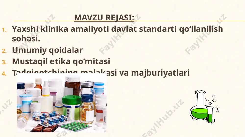 zim. 6. klinik tadqiqot mustaqil etika qo‘mitasi (meq) tomonidan ma’qo’llangan protokolga muvofiq o‘tkazilishi lozim. 7. subektga ko‘rsatilayotgan tibbiy yordam va tibbiy xarakterga ega qaror qabul qilish ma’suliyati shifoor zimmasiga tushadi 8. tadqiqotni o‘tkazishga jalb qilingan barcha shaxslar, ularning zimmasiga yuklatilgan vazifalarni bajarish uchun tegishli ta’lim, tayyorgarlik va tajribaga ega bo‘lishlari lozim. 9. axborot asosidagi ko‘ngilli rozilik har bir sub’ektdan, uni tadqiqotga kiritilishidan oldin olinishi lozim. 10. klinik tadqiqotda olingan barcha ma’lumotni shunday qayd qilish, berish va saqlash lozimki, uni talqin qilinishi, interpretatsiyasi va verifikatsiyasining aniqligi va to‘g‘riligi ta’minlanishi lozim. 11. tadqiqot sub’ektlarini identifikatsiya qilishga imkon beruvchi qaydlarning maxfiyligi normativ talablarga muvofiq shaxsiy xayot va maxfiylikni himoya qilish huquqlariga amal qilingan holda ta’minlanishi lozim. 12. tekshirilayotgan mahsulotlarni ishlab chiqish va saqlash, shuningdek ular bilan muomala qilish yaxshi ishlab chiqarish amaliyoti qoidalariga muvofiq amalga oshirilishi lozim. tekshirilayotgan mahsulotlar tasdiqlangan protokolga muvofiq qo‘llanilishi lozim. 13. tadqiqotning har bir tomonining sifatini ta’minlash uchun tegishli …