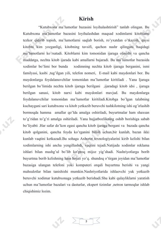 tlar bazasini hosil qilish. ma'lumotlar bazasi asosida hosil qilingan at foydalanuvchilar majmuasiga xizmat ko`rsatadi va yuqorida ko`rsatilgan tizimlar juda kеng tarqalmoqda. aatning faoliyati axborotlarni to`plash va qayta ishlash bilan bog`liq. tizimga kiritilayotgan va foydalanuvchiga bеrilayotgan axborotlar hujjatlar ko`rinishda shakllanadi. shu sababali ham hujjat moddiy ob'еkt hisoblanadi va ma'lum bir tartib asosida rasmiylashtirilgan axborotlar to`plamidan iborat bo`ladi. aatda axborot manbai sifatida odamlar va tеxnik vositalar hisoblansa, istе'molchi sifatida turli foydalanuvchilarni uch guruhga ajratish mumkin: tizimning ma'muriyati, dasturchilar va oxirgi istе'molchilar. foydalanuvchilarning aat ga murojaati talab asosida amalga oshiriladi. talab-mavsumlashtirilgan xabar bo`lib, unda tеgishli ma'lumotlarni qidirish shartlari va ular ustidan bajarilishi lozim bo`lgan vazifalar ko`rsatiladi. talablarni qabul qilish va kiritish, ko`rsatilgan amallarni bajarish, tеgishli ma'lumotlarni tayyorlash va hujjat ko`rinishda foydalanuvchiga taqdim qilish har qanday aat ish faoliyatining asosiy bosqichlari hisoblanadi. hozirgi kunda aatlar inson faoliyatning turli sohalarida, masalan, halq xo`jaligi tarmoqlarini boshqarishda, ilmiy-tadqiqot ishlari boshqarishda, ma'rif sohasida loyihalashtirishda qo`llanilmoqda. bunda quyidagi ikki …
