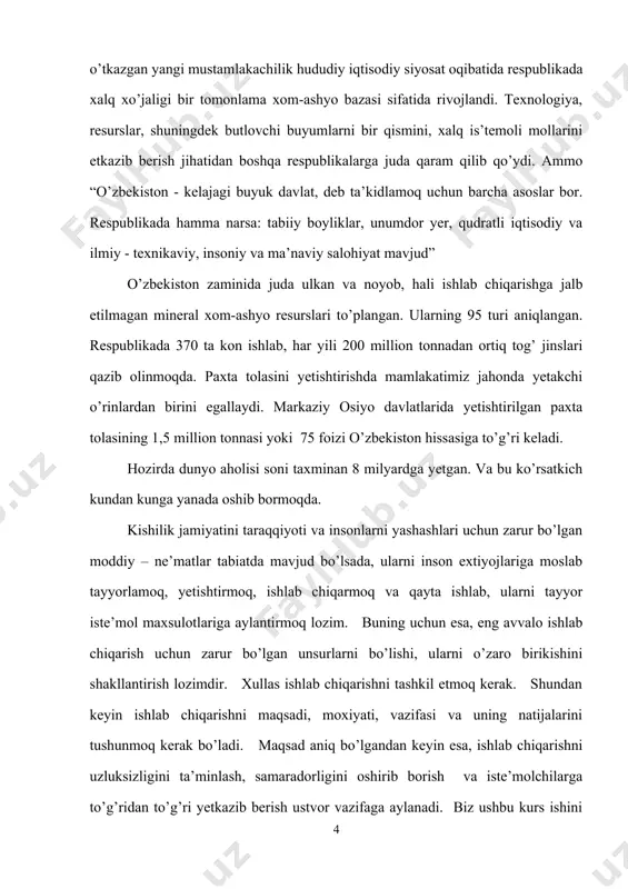 ndan keyin ishlab chiqarishni maqsadi, moxiyati, vazifasi va uning natijalarini tushunmoq kerak bo’ladi. maqsad aniq bo’lgandan keyin esa, ishlab chiqarishni uzluksizligini ta’minlash, samaradorligini oshirib borish va iste’molchilarga to’g’ridan to’g’ri yetkazib berish ustvor vazifaga aylanadi. biz ushbu kurs ishini tayorlashda asosan shu narsalarga katta ahamiyat qaratdik. ishlab chiqarishni, iste’mol, xo’jalikni tashkil qilish va uni yuritishga ta’luqli tayanch iqtisodiy tushunchalar va iqtisodiy qonuniyatlar yoritib berishga harakat qildik. 1. iqtisodiy faoliyat va uning turlari. ishlab chiqarish jarayoni va uning iqtisodiy asoslari. ishlab chiqarish jarayoni – bu kishilarni o‘zlarining iste’moli uchun zarur bo‘lgan moddiy va ma’naviy ne’matlarni yaratishga qaratilgan maqsadga muvofiq faoliyatidir. moddiy va ma’naviy ne’matlar yaratish, turli xizmatlar ko‘rsatish jarayoni kishilar iqtisodiy faoliyatining asosiy tomonidir. ma’lumki, har qanday ishlab chiqarish, birinchi navbatda, mehnat jarayonidir yoki boshqacha qilib aytganda, tabiatdagi bor narsalarning ko‘rinishini o‘zining iste’moli uchun muvofiq holga keltirish uchun qilingan mehnat faoliyatidan iboratdir. ana shu mehnat jarayonida kishilar, eng avvalo, tabiat bilan, uning …