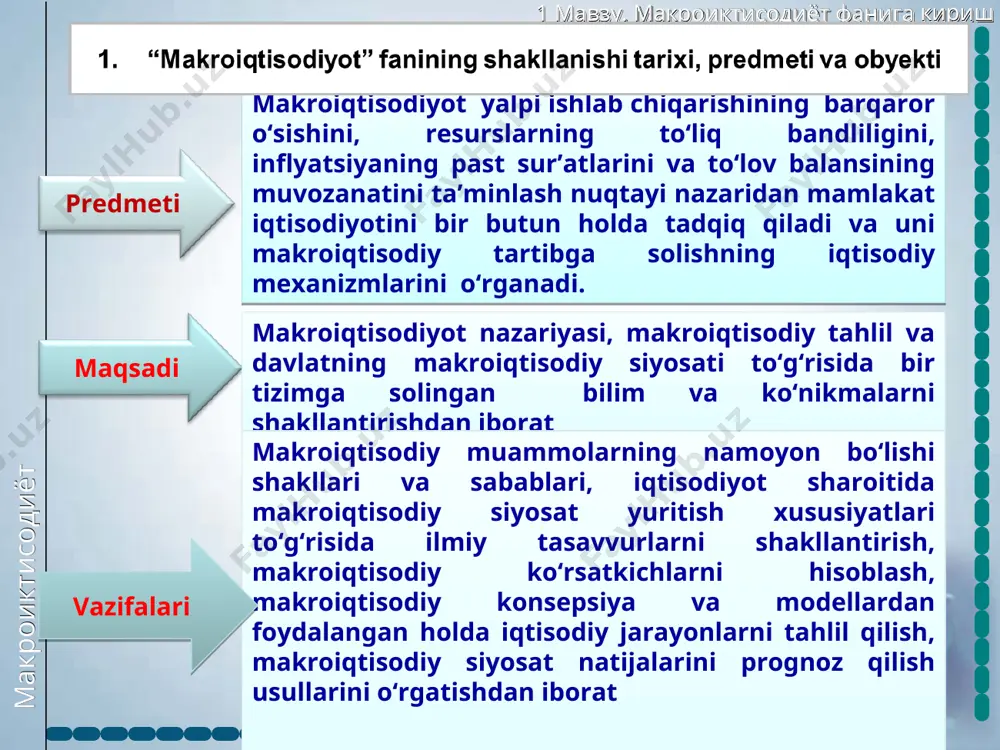 oʻzgarishi soliqlarning oʻzgarishi pul massasining oʻzgarishi makroiktisodiyot 1 mavzu. makroiktisodiyot faniga kirish makroiqtisodiy modellar iqtisodiy koʻrsatkichlar va jarayonlar oʻrtasidagi miqdoriy, sabab- oqibat bogʻlanishlarini matematik formula, grafik va chizmalar koʻrinishida ifodalaydi. bunga yalpi talab-yalpi taklif (ad-as) modelini, keyns xochini, fillips egri chizigʻini, is-lm modelini, iqtisodiy oʻsishning domar, xarrod va solou modellarini keltirish mumkin. bu modellarni bir vaqtning oʻzida ham grafik koʻrinishda, ham algebraik formula koʻrinishida tasvirlash mumkin. algebraik formulalar kabi makroiqtisodiy modellar ham ikki, uch yoki bundan koʻp oʻzgaruvchili boʻlishi mumkin. ad-as modelida yalpi talab va yalpi taklif hajmlarining baholarning umumiy darajasi dinamikasi taʼsirida oʻzgarishi va makroiqtisodiy muvozanatga erishish mexanizmi oʻrganilsa, fillips egri chizigʻi yordamida ishsizlik va inflyatsiya koʻrsatkichlari oʻrtasidagi bogʻliqlik tadqiq qilinadi. 10 dan * slayd makroiktisodiyot 1 mavzu. makroiktisodiyot faniga kirish 10 dan * slayd tovar va xizmatlar bozori sof bozor iqtisodiyoti sharoiti “resurslar – mahsulotlar” “daromadlar – harajatlar”ning doiraviy aylanishi modeli yoki iqtisodiyotdagi aylanma oqimlarning bazis modeli resurslar …