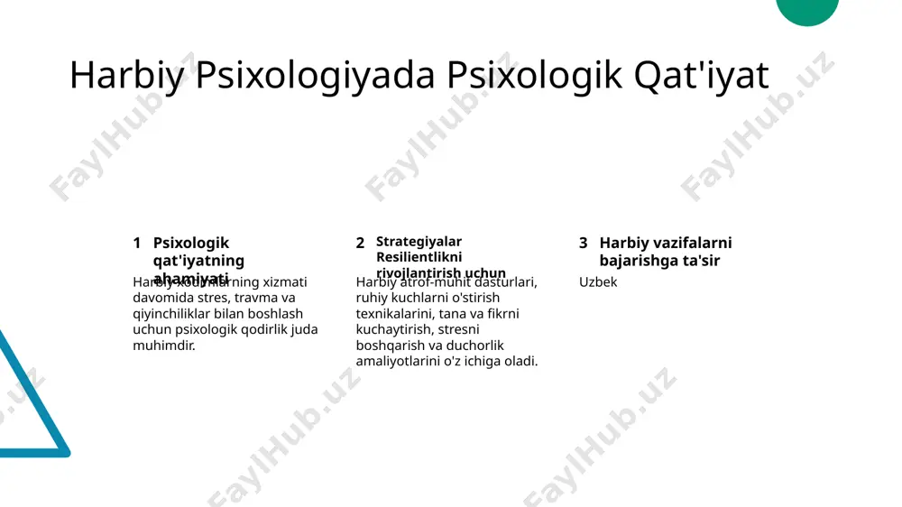 avioristik terapiya (kbt) cbt harbiy xizmat a'zolarining manfiy o'ylam shakllarini va harakatlarni aniqlash va o'zgartirishga yordam beradigan dalil asoslangan intervensiya hisoblanadi, bu oft ptsd va depressiyani davolash uchun is ko'z harakatlari duyishlarni qayta ishlash va qayta tashlash (emdr) emdr - bu traumalarn ta'sirini kamaytirish uchun mo'ljallangan psixoterapiya uslubi, odatda xizmat a'zolari ptsd belgilari yengilash uchun ishlatiladi. guruh terapiyasi va qo'llab-quvvatlash guruh terapiyasi xizmat a'zolarga tajriba almashish, mukofot qobiliyatlarni rivojlantirish va hamkorlik hissiyatini oshirish uchun qo'llanadi. harbiy psixologiyada kelajak tendensiyalari 1 2 3 teknologiyadagi rivojlanishlar harbiy psixologiya bilimdonligi va qo'llab-quvvatlash madaniyatlararo tushuncha va kommunikatsiya harbiy psixologiyasining kelajagi, o'quv va terapiya uchun urush senariylarini imitatsiyalash uchun virtual realness va ai texnologiyalarining integratsiyasining oshishini ko'ramiz. harbiy xodimlarga ruh sağligi bilan bog'liq ko'p e'tibor qaratiladi va ularga qo'llanish va qabul qilinishda stigmatizatsiyani kamaytirish va erkin manbalarni taqdim etishga katta diqqat harbiy psixologiya, qurolli kuchlarda turli madaniy va etnik guruhlarining xususiy psixologik talablari tushunish va …