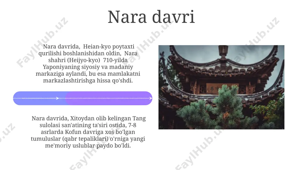 i. yaponiya va koreya munosabatlari 7-asrda yaponiya imperatori kotoku, koreyaning paekche davlatidan buddizm ruhoniylarini va san'atkorlarini taklif qilib, buddizmning yaponiyada tarqalishiga hissa qo'shdi, bu ikki mamlakat madaniy aloqalarining boshlanishini belgiladi. 1592-1598 yillardagi yaponiya bosqini koreyani vayron qildi va ikki mamlakat o'rtasidagi munosabatlarga jiddiy ta'sir ko'rsatdi, imjin urushi deb nom olgan bu voqea seul va busan kabi shaharlarni vayron qildi. asuka davri asuka davrida xitoydan olib kelingan xattotlik va rasmchilik uslublari yaponiya san'atining rivojlanishiga katta ta'sir ko'rsatib, 7-asr oxiriga kelib, milliy uslublar shakllana boshladi. asuka davri (6-8-asrlar)da yaponiyada buddizmning jadal tarqalishi natijasida ko'plab buddist ibodatxonalari, jumladan, 7-asrda qurilgan horyu-ji monastiri kabi yirik majmualar bunyod etildi. koroyu davri goryeo davlatining 12-asr oxiri va 13-asr boshlarida mo'g'ullar imperiyasi bilan bo'lgan urushlari natijasida 30 yildan ortiq davom etgan janglar va keng ko'lamli vayronagarchiliklar yuz berdi. goryeo davrida, taxminan 1011-yilda, goryeo poytaxti kaesongda metall pul tizimi joriy etildi va bu iqtisodiyotning rivojlanishiga va savdoning o'sishiga …