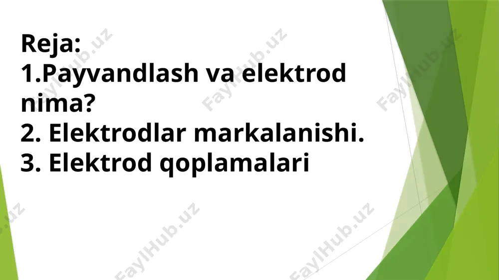 ektrod-simlarning 77 xil markasi ishlab chiqarilmoqda va ular uch gruppaga bo’linadi: tarkibida 0,12 % gacha uglerod bo’lgan kam uglerodli o’rtacha uglerodli, tegishli markalardagi kam legirlangan po’latlarni payvandlashda ishlatiladigan marganes, kremniy, xrom, nikel, molibden va titan bilan legirlangan simlar; bular jumlasiga: св-08gs, св-08g2s, св-12gs, св-18xma, св-10x5m, св20xгs va boshqalar kiradi. elektrod-simlarning markalariga belgilashdagi shartli belgilar: св-payvandlash simini, birinchi raqam simdagi uglerodning yuzdan bir ulushini, keyingi harflar va ulardan keyin keluvchi raqamlar turli elementlarni prosent miqdorini bildiradi. shuni qayd etish kerakki, bu payvandlash simlaridan faqat elektrod-sterjenlar uchungina emas, balki flyus ostida avtomatikaviy usulda payvandlashda, himoya gaz muhitida payvandlashda va yonuvchi gaz alangasida payvandlashda, chokbob sim sifatida ham foydalanish mumkin. tajribadan ma’lumki, qoplamasiz metall elektrodlar bilan metallarni payvandlashda yoyning barqaror yonmasligiva vannaning tashqi muhitdan muxofaza etilmasligi sababli chok sifatli chiqmaydi. shuning uchun chok sifatini oshirish maqsadida elektrod simlar sirtidan maxsus tarkibli qoplama bilan qoplanadi. elektrod qoplamalari yoyni barqaror qilib suyuqlantirilgan metallni havo tarkibidagi …