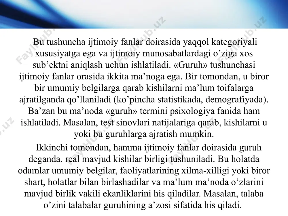 aqsadli guruhlar ham mavjud. bu guruhlarda a’zolar o’rtasidagi munosabatlar maxsus xizmat ko’rsatmalari bilan tartibga solinadi. yashirin ishlayotgan partiya yacheykasi bunga misol bo’la oladi. kichik guruhlarga oilani, do’stlarni, qo’shnilarni, ishlab chiqarish brigadasini va boshqa guruhlarni kiritish mumkin. kichik sotsial guruhlarning turlari juda ko’p. ular turli mezonlarga qarab turlarga ajratiladi. guruh munosabatlari tuzilmasiga qarab kichik sotsial guruhlar rasmiy va norasmiy guruhlarga, a’zolar o’rtasidagi munosabatlarning yaqinligiga qarab esa birlamchi va ikkilamchi guruhlarga, guruhga a’zo bo’lish va bo’lmasligiga qarab a’zoli va referent guruhlarga bo’linadi lotincha “institutum”, ruscha lug’aviy ma’nosi- установления, o’zbekcha ma’nolarda birinchidan, nizom, qoidalar yoki ularning to’plamini, ikkinchidanmahkama, muassasalarni bildiradi. www.themegallery.com company logo sotsial institutlar sotsial institutlar yoki institutsional sotsiologiya maxsus nazariy yo’nalishdir. sotsiologiya institut tushunchasi huquqshunoslik fanlaridan kirib kelgan. institutsional sotsiologiya- ijtimoiy hayotni tashkil etishning va idora etishning barqaror shakllarini o’rgatuvchi sohadir. www.themegallery.com company logo yuzaki ko’rinishda sotsial institut muayyan vazifani bajaruvchi odamlar, muassasalar, idoralar majmui sifatida gavdalanadi. mazmuniga ko’ra esa sotsial …