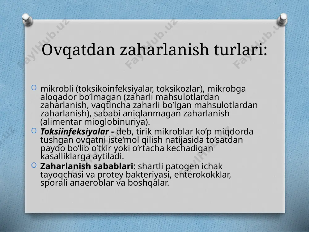 n qulay muhit ekanligi hozir aniqlangan. qoramol bilan odam ham stafilokokklar manbai hisoblanadi. agar oziq-ovqat mahsulotlari stafilokokklar keltirib chiqaradigan ovqatdan zaharlanishlar mastit bilan og’rigan sigirlar sutini iste‘mol qilganda yuzaga keladi, chunki sut mahsuloti kasal tarqatuvchi manba hisoblanadi. klinikasi. kasallanish alomatlari 2-4 soat o’tgandan so’ng paydo bo’ladi. stafilokokk intoksatsiyasining etakchi belgilari gastroenterit hisoblanadi. to’satdan bemor tez-tez qusadigan bo’lib qoladi, qorinda qattiq achishtiradigan og’riq (to’sh sohasi ostida) paydo bo’ladi, tez orada ich ketishi kuzatiladi, ayrim hollarda ich ketmasligi xam mumkin. bemor darmonsizlanadi, boshi og’riydi va aylanadi, puls tezlashadi. tana harorati odatda normal, sovuq ter chiqadi. talvasa tutadi. kasallik qisqa vaqt kechadi. odatda 1-2 kundan keyin bemor sog’ayib ketadi. o’lim bilan tugagan hollar qayd qilinmagan. profilaktikasi quyidagilardan iborat: oziq-ovqat mahsulotlari bilan ishlashga aloqador shahslarning sog’ligi ustidan qat‘iy nazorat olib borish. teri qatlamida qulog’ida, ko’zida, tamog’ida yiringli kasalliklar va yuqori nafas yo’llarida yallig’lanish belgilari bo’lgan shaxslar oziq-ovqat mahsulotlari bilan aloqador ishga qo’yilmaydi. botulizm lotin …