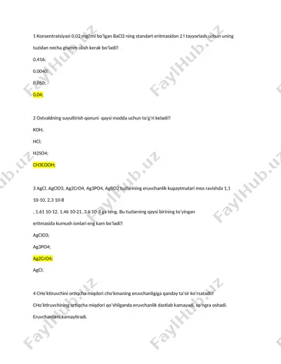 kimyo fanidan test savollari to‘plami — DOCX