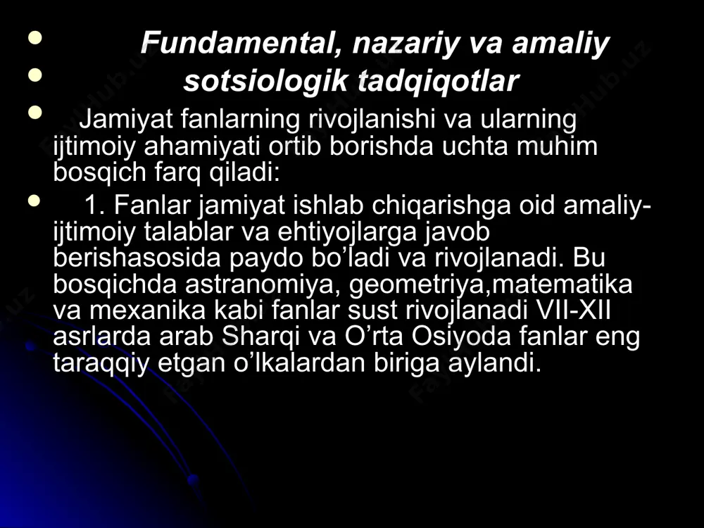 shga harakat qiladi. o’zbekiston respubkikasi fa olimlari ko’proq fundamental fanlar soxasida ilmiy izlanishlar olib borsalar, amaliy tadqiqot fanlari bilan esa ko’proq respublika oliy o’quv yurti ilmiy potensialiga ega bo’lgan professor-o’qituvchi olimlar shug’ullanadilar. respublikadagi iqtidorli olimlarning katta qismi oliy o’quv yurtlarida ishlaydilar. oliy maktab ilmiy bo’limlarida respublika ilmiy potensialining 60 foizidan ko’prog’ini tashkil etadi. ular xalq xo’jaligigamutaxassislar tayyorlash bilan birga ilmiy tadqiqot ishlari ham olib borishadi. “bizning fundamental fanlar bilan shug’ullanadigan 40 ga yaqin ilmiy-tadqiqot muassasalarimiz bor” degan edi prezidentimiz islom karimov. 1995-yil 3-aprelda vazirlar mahkamasi “o’zbekiston respublikasi fanlar akademiyasi nizomi to’grisida”gi qarorini tasdiqladi. bu nizomga muvofiq 2000 yillargacha o’zfa haqiqiy a’zoligiga yoshi 65 dan oshmagan muhbir a’zolaridan va fan doktorlaridan saylandi. o’zfa muxbir a’zoligiga esa 60 yoshdan oshmagan fan doktorlari saylandi. xaqiqiy a’zolar va muxbir a’zolari 70 yoshga to’lganda, o’zfa haqiqiy a’zoni tanlash uchun qo’shimcha o’rinlar ochildi. o’zbekiston faning 118 ta a’zosi bor (2006). akademiya muassasalarida 5300 ga yaqini ilmiy …
