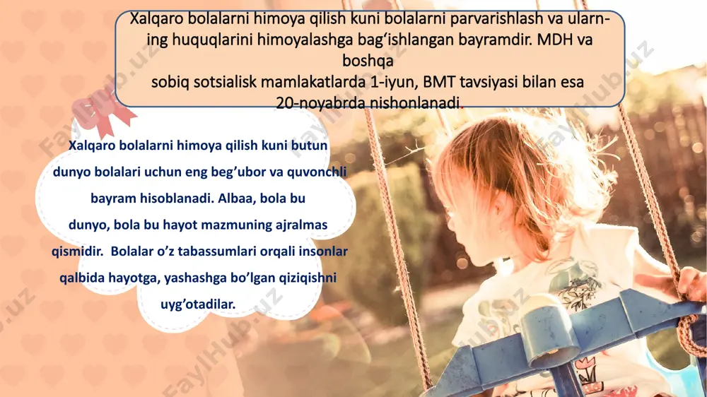 g yaxshi narsalarnig hammasini bolalarga berishga majbur”, deb e’lon qilindi. 1-iyun xalqaro bolalarni himoya qilish kuni 1989-yili bmt bosh assambleyasi bu borada yana bir muhim qadam tashladi. bola huquqlariga oid birinchi xalqaro huquqiy hujjat – bola huquqlari to‘g‘risidagi konsensiyani qabul qildi. 3 qism, 54 moddadan iborat bu hujjat 18 yoshgacha bo‘lgan bolalarning huquqlarini himoya qiladi. bmtga a’zo davlatlarning aksariyati konvensiya ishtirokchilari bo‘lib, 1995-yili ushbu hujjat barcha davlatlar uchun universal deb topildi. urush yillaridan so‘ng qabul qilingan ana shunday xalqaro huquqiy hujjatlar chindan dunyodagi millionlab bolalar­ning hayot tarzini yaxshilashga xizmat qildi. o‘tgan vaqt ichida yirik tashkilotlar tomonidan nochor mamlakatlardagi och-nahor, bemor bolalarga katta miq­dorda moddiy yordam ko‘rsatildi. bolalarning haq-huquqlari himoya qilinib, ular­ga qaratilgan har qanday zo‘ravonlikka qarshi kurash olib borildi. dunyo miqyosidagi bolalar huquqining poymol etilishi barcha sa’y-harakatlarga qaramay, yer yuzining turli burchaklarida hamon ba’zan yashirin, ba’zan oshkora tarzda bolalarga nisbatan adolatsizliklar sodir qilinayotgani achinarli hol. xususan, bolalar mehnatidan foydalanish bugungi …