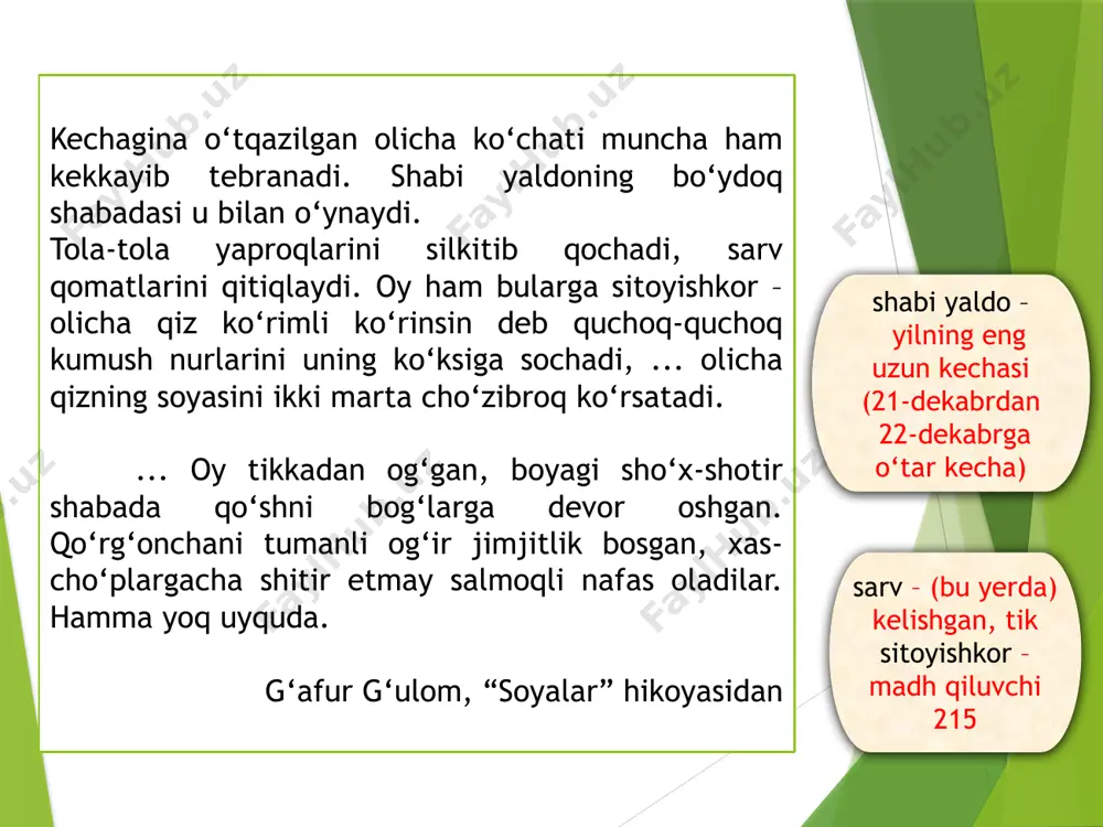 , shodon sayrardi…” o‘tkir hoshimov, “hurkitilgan tush” hikoyasidan ushbu parchada “tubsiz”, “jajjigina” so‘zlari sifatlash bo‘lib kelgan. 19 lug‘at yumor (inglizcha “kayﬁyat” so‘zidan) – badiiy asarda hayotdagi yoki ayrim kishilardagi kamchiliklar, nuqsonlar ustidan yengil kulish, tanqid qilish. yumor orqali muallif tanqid qilinayotgan illatlarning bartaraf qilinishini istaydi. o‘zbek adabiyotida muqimiy, g‘afur g‘ulom, abdulla qahhor, said ahmad va boshqa ijodkorlar asarlarida yumorni kuzatishimiz mumkin. 20 lug‘at o‘xshatish – badiiy tasvir vositalaridan biri, shaxs, narsa yoki holatning boshqa bir narsaga o‘xshatilishi, qiyoslanishi. o‘xshatish uchun ikki narsa o‘rtasidagi umumiy xususiyat asos qilib olinadi. misol uchun: “sentyabr oylarining oxiri, ilk kuz oqshomlaridan biri edi. havo anchagina salqin. biz yetimlar bir-birimizning pinjimizga tiqilib, bir-birimizni isitib uyquga ketganmiz. qatorda eng so‘nggi bo‘lib, ona chumchuqday qora buvim yotardilar, u kishi saksondan oshib ketgan, noskash kampir edilar”. g‘afur g‘ulom, “mening o‘g‘rigina bolam” hikoyasidan ushbu parchada voqeani hikoya qilib berayotgan bola buvisini ona chumchuqqa o‘xshatmoqda: ona chumchuq jo‘jalarini qanoti ostiga olib, …