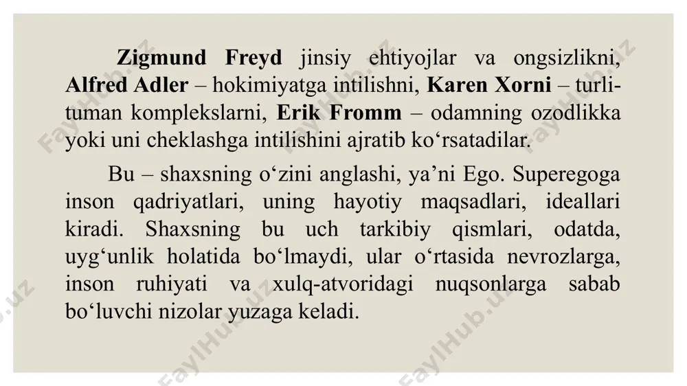 nitiv dissonanslar nazariyasi va boshqalar kiradi. ulardagi asosiy g‘oya shundan iboratki, shaxs o‘ziga o‘xshagan shaxslar bilan muloqotga kirishar ekan, doimo munosabatlarda ruhiy mutanosiblik, tenglik bo‘lishiga, shu tufayli ziddiyatlardan chiqishiga harakat qiladi. maqsad - turli sotsial sharoitlarda shaxs xulq-atvorining psixologik sabablarini tushuntirish va ziddiyatlarning oldini olish yo‘l-yuriqlarini ishlab chiqishdan iborat. sotsial psixologiyada interaksionizm interaksionizm kelib chiqishi bo‘yicha – sotsiologik nazariya bo‘lib, gerbart midning simvolik (belgili) interaksionizmiga asoslangan. g.mid insonlarning sotsial faoliyat va muloqot jarayonidagi o‘zaro hamkorligini tadqiq etgan. asosiy g‘oya – shaxs doimo sotsial va u jamiyatdan tashqarida shakllanishi mumkin emas. kommunikatsiya deganda esa simvollar almashinuvi nazarda tutilib, ushbu jarayonda yagona mohiyat va fikrga kelinadi. bosh belgi tizimi til hisoblanadi. simvolik (belgili) kommunikatsiya – bu inson psixikasining ibtidosi hisoblanadi. mazkur yo‘nalish bo‘yicha gerbert xaymen, robert mertonning referent guruh muammosi o‘rganilgan. unda shaxs rivojlanishi strukturasi va dinamikasi, teodor sarbinning rollar nazariyasi, sotsial o‘zaro hamkorlikning mikrojarayonlari, sotsial faoliyat muhiti o‘rganilgan. shaxs bir tomondan, …