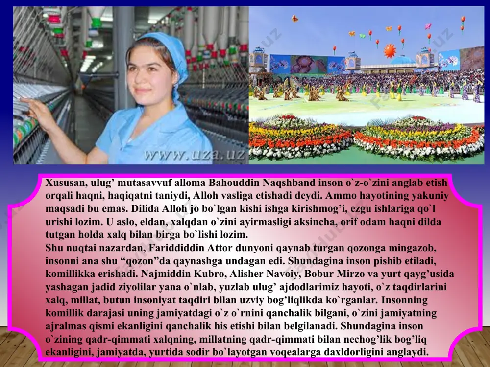 nyod qildiradi. buning uchun kuhna imoratlar tekislanadi. bulardan tashqari mirzo ulug’bek, karvonsaroyning yaqinida yangi hammom ham bunyod qildiradi. mirzo hammomi nomi bilan mashhur bo’lgan bu inshoot o’z me’moriy yechimlari bilan temuriylar davri me’morchiligida alohida o’rin egallagandir. mirzo boburning ta’rificha, bu xildagi ajoyib hammom movarounnahr va xurosonda yagona bo’lgan. shuningdek, hozirgi registon maydonida mirzo shohruhning tarbiyachisi alika ko’kaltosh tomonidan bunyod qilingan hashamatli masjid ham qad rostlab turgan. mashhur ingliz yozuvchisi doniel` defoni robinzon obrazini yaratishga turtki bergan real shaxs – aleksandr sel`kirk tarixi bunga yorqin misol bo`la oladi. o`zi bilan ziddiyatga borgan bu matrosni kema kapitani kimsasiz orolga tushirib qoldiradi. u atiga 4 yildan ko`proq vaqtni yolg’izlikda o`tkazadi. ammo shu qisqa vaqt ichidayoq u odamdek so`zlashni, muomala qilishni unutadi, bir so`z bilan aytganda, butkul insoniy qiyofasini yo`qotadi. demak kishining inson martabasiga erishmog’i, o`zligini topishida ma`naviy – ijtimoiy muhit va jamiyatda orttirgan tajribasi, bilimlari. tarbiyasi muhimdir. inson tafakkuriga oila, jamiyatdagi tarixiy shart-sharoit, …
