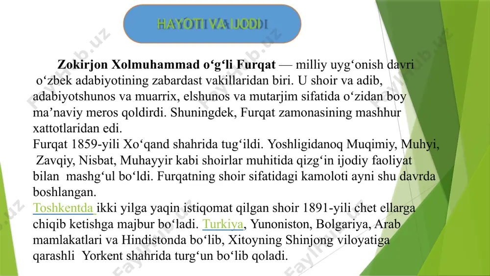 lekin ko‘p o‘tmay, eski taxallusiga qaytadi. furqat taxminan 1886 - 87 yillarda marg‘ilonga borib, u yerdagi masjidi jome hujrasida istiqomat qilgan, yor-u birodarlari ko‘magida kichik do‘kon ochgan bo‘lsa-da, asosan, she’riyat bilan shug‘ullangan, shaharning ziyolilari, jumladan, xo‘jajon rojiy, muhammad umar umidiy-havoiy, mulla toshboltu royiq kabi ijodkorlar bilan tanishib, adabiy suhbatlar qurgan. furqat toshkentda rus ziyolilari, yevropacha hayot tarzi bilan tanishdi. chor ma’murlari shoirning teatr, gimnaziyaga, turli konsertlarga kiritishni uyushtirdilar, ko‘rgazmalarga olib bordilar. yangi tarixiy sharoit tufayli yuz bergan o‘zgarishlarni mushohada etish natijasida furqat dunyoqarashida jiddiy o‘zgarish bo‘ladi va bu hol uning ijodida o‘z badiiy ifodasini topadi — ma’rifatparvarlik, yevropacha ilm, madaniyat, fan-texnikaga xayrixohlik shoir she’rlarining yetakchi g‘oyasiga aylana boradi. bu esa furqatning ko‘p asrli o‘zbek adabiyotiga yangi mavzular, yangi g‘oyalar olib kirishiga zamin bo‘ldi. toshkentda ochilgan erlar gimnaziyasi, maorif muassasalari, madaniyat va san’at o‘choqlarini, tobora ko‘proq kirib kelayotgan fan-texnika yangiliklarini kuzatish oqibatida uning «ilm xosiyati», «gimnaziya», «vistavka xususida», «akt majlisi xususida», …