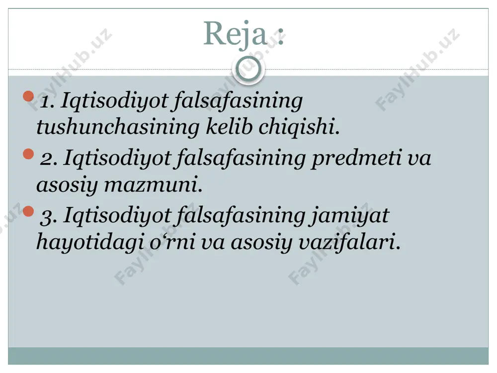 vii-iii asrlarda yuz bergan buyuk yuksalish natijasi sifatida yuzaga kelgan edi. o‘sha davrda endigina shakllanib kelayotgan nazariy fikrning ifodasi falsafiy tafakkur olamni yaxlit va bir butun holda tushunish mujassamiga aylangan edi. qadimgi yunonistonda «filosofiya» atamasini dastlab, matematika fani orqali barchamizga yaxshi ma’lum bo‘lgan, buyuk alloma pifagor ishlatgan. iqtisodiyot falsafasining predmeti va asosiy mazmuni falsafa fani xuddi ijtimoiy, tabiiy fanlar singari mustaqil fandir. u o‘zining mustaqil ob’ekti va predmetiga ega. falsafaning predmetini “olam-odam-inson” tizimi tashkil etadi.falsafa predmeti uning rivojlanish davri mobaynida uzluksiz o‘zgarib turgan. falsafa muammolari uning predmeti bilan belgilanadi. ma’lumki, falsafa predmeti tarixiy rivojlanish jarayoni mobaynida sezilarli darajada o‘zgargan. falsafiy fanlarning har biri: ontologiya, gnoseologiya, etika, estetika, mantiq, siyosatshunoslik, falsafa tarixi ham o‘z alohida predmetiga ega. shu tufayli ham falsafa predmetini faqat o‘ta abstrakt tushunchalar yordamida belgilash mumkin. suu ma’noda «dunyo – inson» munosabatlari tizimidagi umumiylik falsafaning predmeti hisoblanadi, degan fikr mazkur talablarga javob beradi. insonda bilishga qiziqish uyg’otadigan, mifologiya, …