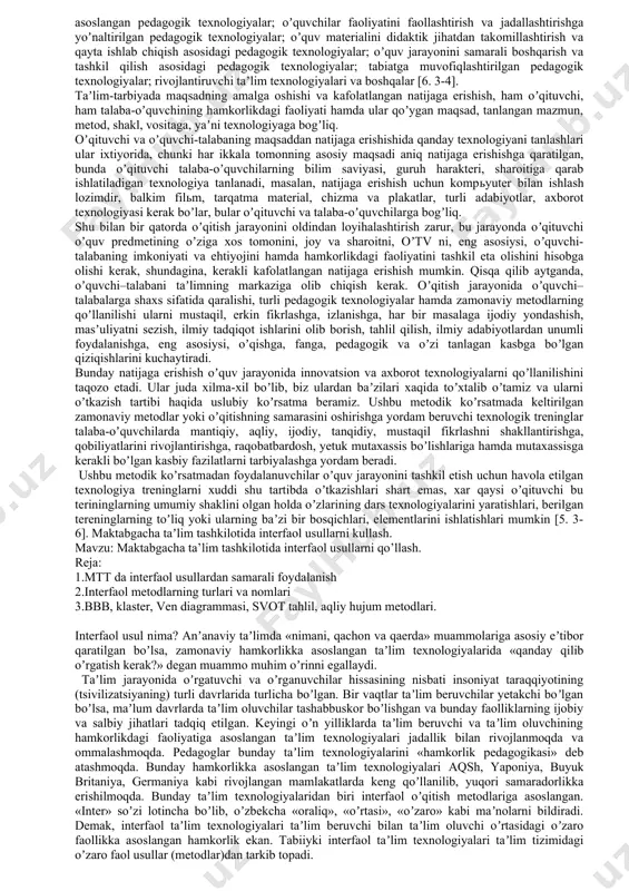 archa jarayonlarini aniqlash, yaratish, uni qoʼllashning tizimli (loyihalashtirilgan) metodi (usuli)dir. pedagogik texnologiya taʼlim-tarbiyadan koʼzlangan maqsadga erishish uchun oʼquv jarayonida qoʼllaniladigan usullar, vositalar majmuidir [13. 8; 15. 3]. pedagogik texnologiya eskimi, yangimi qadimdan mavjud. biroq jamiyat taraqqiy etgan sari maorif oldiga oʼzining yangidan-yangi ijtimoiybuyurtmalarini qoʼyib borganligi tufayli, taʼlim- tarbiya jarayoni ham zamonaviy ilgʼor metodlar, usullar bilan boyib, yangilanib boradi. pedagogik texnologiyaning yoʼnalishlari koʼp. hozirgi anʼanaviy taʼlim, bu 17-asrda ya.а.komenьskiyning didaktik tamoyillari asosida shakllanib, hozirda dunyodagi maktablarda eng koʼp qoʼllanilayotgan sinf-dars tizimidan iborat. zamonaviy pedagogik texnologiyalar asosan shu tizimni turli yoʼnalishlarda takomillashtirish maqsadlarida yaratilib, hozirda turli yoʼnalishlarda rivojlanmoqda. ular pedagogik jarayonni takomillashtirish, uni oʼquvchi shaxsiga yoʼnaltirishga asoslangan pedagogik texnologiyalar; oʼquvchilar faoliyatini faollashtirish va jadallashtirishga yoʼnaltirilgan pedagogik texnologiyalar; oʼquv materialini didaktik jihatdan takomillashtirish va qayta ishlab chiqish asosidagi pedagogik texnologiyalar; oʼquv jarayonini samarali boshqarish va tashkil qilish asosidagi pedagogik texnologiyalar; tabiatga muvofiqlashtirilgan pedagogik texnologiyalar; rivojlantiruvchi taʼlim texnologiyalari va boshqalar [6. 3-4]. taʼlim-tarbiyada maqsadning …