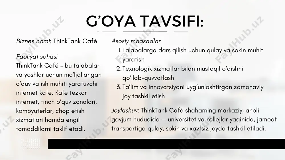 hamda nusxa ko‘chirish xizmatlari marketing strategiyasi: ijtimoiy tarmoqlarda (telegram, instagram) reklama va kontent yaratish universitet va kollej hududlarida flayerlar va bannerlar tarqatish sodiq mijozlar uchun chegirmalar va bonus tizimlari joriy etish maxsus “study-time” sessiyalarini tashkil qilib, dars qilish uchun qulay muhit yaratish mijozlar ehtiyojini o‘rganib, xizmatlarni doimiy takomillashtirish guruhlar va frilanserlarga mo‘ljallangan paketlarni taklif qilish tashkiliy tuzilma va boshqaruv thinktank café kichik jamoa asosida ishlaydi: rahbar — umumiy boshqaruv, strategiya va moliyaviy nazorat texnik mutaxassis — kompyuter va internet uskunalarini ta'mirlash va texnik qo‘llab-quvvatlash xodimlar (1-2 nafar) — mijozlarga xizmat ko‘rsatish, kafe ichki ishlarini boshqarish marketing maslahatchisi (zaruratga ko‘ra) — reklama va mijozlar bilan ishlash strategiyasini yuritish moliyaviy reja: boshlang‘ich investitsiya: taxminan 80 million so‘m (kompyuterlar, uskunalar, ijara, interyer, marketing va boshqa xarajatlar uchun). oylik xarajatlar: ijara, internet, elektr energiyasi, xodimlar maoshi, materiallar va boshqa xizmatlar uchun taxminan 15 million so‘m. daromad: kuniga o‘rtacha 30 mijoz, har birining o‘rtacha sarfi …