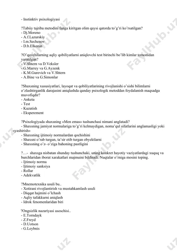 idning umumiy faolligi, harakatchanligi, emosionalligi - asab tizimi bilan bog’liq individual sifatlar - psixikaning individual jihatdan o’ziga xos, tabiiy jihatdan shartlashgan dinamik ko’rinishlari majmui ?xarakaterning ta’rifi qaysi qatorda ko’rsatilgan? - shaxsning narsa va hodisalarga nisbatan munosabatlaridan orttiradigan sifatlari - shaxsning faoliyat va muomalada tarkib topadigan va namoyon bo’ladigan barqaror individual xususiyatlari - shaxsning individual psixologik xususiyati - kishining jamiatda yashab egallaydigan alohida belgilari ?shaxsning u yoki bu unumli faoliyatni muvaffaqiyatli amalga oshirish sharti hisoblangan va buning uchun zarur bilim, ko’nikma va malakalarini egallay olishni ta’minlaydigan individual psixologik xususiyati bu... bu ta’rif shaxsning qaysi individual xususiyatiga tegishli? - temperament - xarakter - aqliy salohiyat - qobiliyatlar ?eksperiment metodi turlari.. - tashqi, ichki, laboratoriya - tabiiy, laboratoriya - tabiiy, laboratoriya, standartlashtirilgan - sosiometrik, proyektiv test, texnik, og’zaki ?eksteriorizasiya bu.. - narsa va hodisalarning mohiyati va mazmuniga aloqador materialning eslab qolinishi - ijodiy jarayonlarda xayol va fantaziya vositasida bevosita ongda berilmagan narsalarning xususiyatlarini …