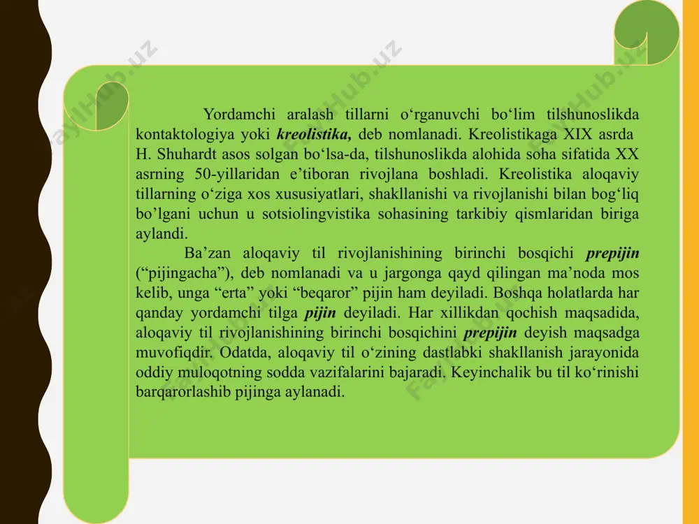 logiyaga oid adabiyotlarda xalqlar o‘rtasidagi muloqot jarayonida qo‘llaniladigan imo-ishoralar ham yordamchi til vositasi hisoblanib, ular pijinlar ichida qayd qilingan. bunday aloqaviy vositalardan shimoliy amerika hihdulari va avstraliyalik aborigenlar foydalanganlar. xix asrning oxirlarida aqshning g'arbida barcha uchun umumiy bo‘lgan imo-ishoralar tilida turli xil qabilalarning yuz mingdan ortiq vakili muloqot qilgan. dengizchilikning rivojlanishi, yevropa mustamlakalarining kengayishi natijasida pijin tillarining zimmasiga yangi vazifalar yuklatildi. dengiz pijinlari portlar joylashgan hududlarda tarqaldi. xvi-xvii asrlarda afrikaning atlantika sohillarida qul qilib olish, shimoliy va shimoliy-sharqiy osiyo hududlarida savdo-sotiq maqsadida yevropaliklar mahalliy aholi bilan muloqotga kirishadi va buning natijasida yevropa tillari asosida yangi pijinlar maydonga keladi. xix asrning boshlarida okeaniya orollarida bichlamar dengiz pijini (ingliz tili asosida) tarqaldi. mazkur pijindan dastlab kit ovlovchilari, keyinchalik sandal yog‘ochini tayyorlovchilar foydalangan. xix asrning o‘rtalariga kelib bichlamar pijini ishlatilgan. xix asrning oxirlariga kelib, bichlamar pijinining tok-pisin (yangi gvineyada); bislama (yangi gebridada, hozirgi vanuatu respublikasida); solomon orollari pijini', broken (torresov orollari qo‘ltig‘ida) singari …