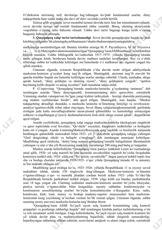 o’lib, ular xalqimiz va respublikamizni rivojlantirishga emas, balki o’zbekistonni markaz manfaatlariga bo’ysundirishga xizmat qildi. 1920–1930- yillarda amalga oshirilgan ushbu tadbirlar haqida sobiq sovet davridako’plab asarlar yaratildi va mazkur yangiliklar o’zbekistonda sotsializmning g’alabasiga o’zbek xalqining buyuk yutuqlari sifatida baholandi. 2. sovet ittifoqi ikkinchi jahon urushi girdobiga tortilgandan keyin o’zbekistonda ham hamma narsa harbiy izga ko’chirildi. o’zbek xalqi urush boshlanishi bilan uning og’ir oqibatlarini tushunib yetdi. urush butun mamlakat xo’jaligi va hayotini tubdan o’zgartirib yubordi. harbiy vaziyat front orqasini mustahkamlash yuzasidan shoshilinch choralar ko’rishni talab qildi. front yaqinidagi shahar va qishloqlardan yuz minglab, sanoat korxonalari, o’quv yurtlari, ilmiy tashkilotlar va boshka moddiyboyliklarni sharqqa ko’chirishi boshlandi. kechagina qatag’onlar, quloq qilishlar azobini tortgan o’zbekiston xalqi front va front ortida katta jasoratlar ko’rsatdi. o’rta osiyo respublikalari va qozog’istonga evakuatsiya qilingan 308 korxonaning 100 dan ortig’i (“лентекстильмаш”, “ростсельмаш”, “красний аксай”, moskva “электрокабель”, “подёмник”, “электростанок” zavodlari, v. p. chkalov nomli aviatsiya zavodi, kiev “траксигнал” zavodi va boshqalar) …