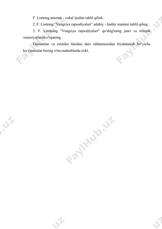 fonik musiqalar muallifi bo'lib, listning organ asarlari organistlar repertuarida muhim o'rin tutgan. lisztning rang-barang ijodiy merosida qo'shiqlar alohida o'rin tutadi. ehtimol, bu list fundamental innovatorga aylanmagan ijodkorlikning yagona sohasidir. uning islohot harakatlari birinchi navbatda instrumental-simfonik, fortepiano va kantata-oratoriya janrlariga qaratilgan edi. ammo bu qo'shiq yozishda u boshqalar, xususan, shubert va shumann tomonidan ochilgan yo'ldan passiv ravishda yurganini anglatmaydi. bu yerda ham o‘z so‘zini aytishga muvaffaq bo‘ldi. uning qo'shiqlari juda o'ziga xos, jozibali, she'riy assotsiatsiyalarga boy. ularda ko'plab original topilmalar, yangi musiqiy xususiyatlar, obrazli va psixologik tushunchalar mavjud [7]. to'g'ri, ohangdorlik, ifodaning tezkorligi va samimiyligi jihatidan list o'zining eng yaxshi qo'shiqlarida ham o'zining buyuk salaflaridan hech qanday tarzda o'tib keta olmadi. to'g'rirog'i, u ulardan pastroq edi, deyishimiz mumkin. vaholanki, garmoniya sohasida, rang-barang va manzarali vaziyatlarda, cholg‘u jo‘rligi detallarining nozikligida u nafaqat ulardan kam bo‘lib qolmay, balki ba’zan ulardan ham oshib o‘tdi. bundan tashqari, u ilgari gap bo'lmagan qo'shiq turini topdi: impressionistik …