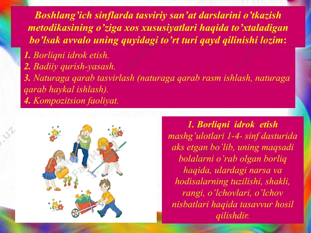 vda, boshqa shakldagi va rangdagi barglardan tayyorlash vazifa qilib topshiriladi. boshlang’ich sinflarda rasm ishlash malakalarini hosil qilish ko’proq naturaga qarab rasm ishlash bo’limiga to’g’ri keladi. shuning uchun ham bunday mashg’ulotlarda o’quvchilarning o’quv qurollari (qalam, o’chirg’ich, bo’yoq, daftar v.b.) bilan to’g’ri munosabatda bo’lishga, ularni to’g’ri ishlatishga o’rgatish muhimdir. rasm ishlash malakalarini shakllantirish esa ma’lum tizimda amalga oshirilgani ma’qul. kompozitsion faoliyat mashg’ulotlari boshlang’ich sinflarda rangtasvir kompozitsiyasi, dekorativ kompozitsiya va haykaltaroshlik kompozitsiyasi kabi qismlardan tashkil topadi. rangtasvir kompozitsiyasi mashg’ulotlarida bolalar ko’proq yil fasllari, bayramlar, ommaviy tomoshalar, qishloq va shahar mehnatkashlarining kundalik mehnati, qush va hayvonlar hayoti kabilarga doir mavzularda rasm ishlaydilar. adabiyotlar ro’yxati: 1. kadrlar tayyorlash milliy dasturi. barkamol avlod o’zbekiston taraqqiyotining poydevori.-toshkent: sharq, 1997. 2. umumiy o’rta ta’lim maktablarida tasviriy san’at ta’limi kontseptsiyasi.-toshkent, 1995. 3. tasviriy san’at. umumiy o’rta ta’limning davlat ta’lim standarti va o’quv dasturi.-toshkent: sharq, 1999. 4. azimova b. natyurmort tuzish va tasvirlash metodikasi.–toshkent: o’qituvchi, 1984. 5. bakushinskiy a.v. xudojestvennoe …