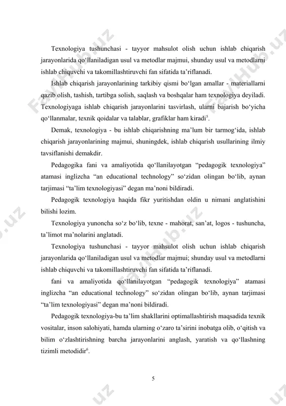 shtirish, natijasini kafolatlash va obyektiv baholash uchun inson salohiyati hamda texnik vositalarning o‘zaro ta’sirini inobatga olib, ta’lim maqsadlarini oydinlashtirib, o‘qitish va bilim o‘zlashtirish jarayonlarida qo‘llaniladigan usul va metodlar majmuidir”, degan ta’rifni beradi. pedagogik texnologiyaga professor n.saidahmedov: “pedagogik texnologiya bu o‘qituvchi (tarbiyachi) tomonidan o‘qitish (tarbiya) vositalari yordamida o‘quvchilarga ta’sir ko‘rsatish va bu faoliyat mahsuli sifatida ularda oldindan belgilab olingan shaxs sifatlarini shakllantirish jarayoni”-degan ta’rifni beradi. keltirilgan ta’riflarni ilmiy-falsafiy nuqtai nazaridan tahlil qiladigan bo‘lsak, uzoq horijda berilgan ta’riflar bilan mdh mamlakatlari olimlari bergan ta’riflari bir-biriga yaqin kelsa-da, farqi ham anchaligini ko‘ramiz. jumladan, yunesko ta’riflarida tizimli yondashuv tamoyillariga alohida urg‘u berilgan. ta’lim texnologiyasi – oldindan belgilangan o‘quv maqsadlariga erishishni kafolatlaydigan, ta’lim jarayonida inson va texnika resusrlaridan foydalanishning loyixalashtirilgan muayyan tizimi.( xtv “multimediya umumta’lim dasturlarini rivojlantirish” markazi ta’rifi).pedagogik adabiyotlarda “pedagogik texnologiya”, “ta’lim texnologiyasi”,“tarbiya texnologiyasi” kabi atamalarga duch kelamiz. ta’lim texnologiyasiga pedagogikada yangi tushuncha yoki ta’lim jarayonini tashkil etishning tamoman yangi usuli ham deb qaramaslik …