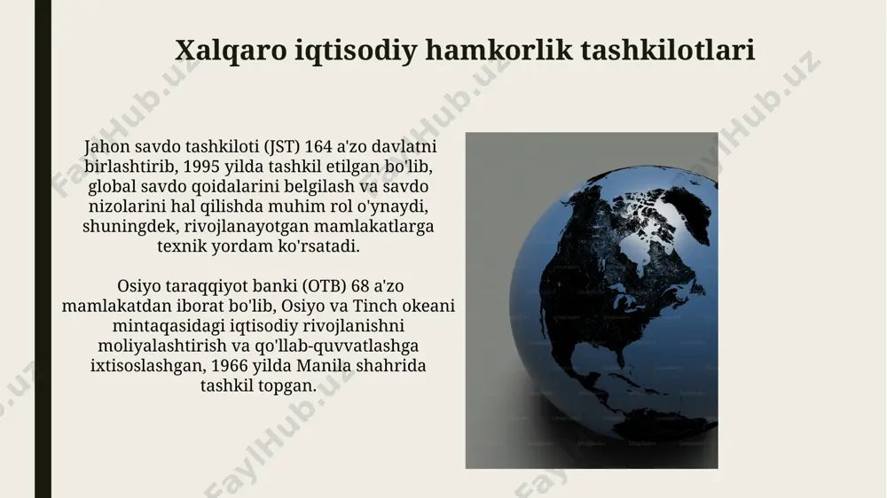 eyingi yevropa tiklanish davrida, 1957-yilda rim shartnomasi asosida yevropa iqtisodiy hamjamiyati (yeh) ning tashkil topishi 6 ta davlatni birlashtirib, integratsiya jarayonlarining tezlashuviga va yangi iqtisodiy tarmoqlarning paydo bo'lishiga olib keldi. 18-asr oxiri va 19-asr boshlarida buyuk britaniya va aqshning sanoat inqilobi, global miqyosda 10 dan ortiq mamlakatlarga texnologiya va kapital oqimini keltirib chiqardi, bu esa jahon iqtisodiy munosabatlarining yangi bosqichini ochdi. savdo to'siqlari va ularni bartaraf etish jahon savdo tashkiloti (jst)ning 164 a’zo davlati 2022 yilda o'zaro savdo to'siqlarini kamaytirish bo'yicha 20 dan ortiq bitim tuzgan, bu global savdo hajmini 5% ga oshirishga yordam bergan. markaziy osiyo davlatlari o'rtasida 2024 yilda rejalashtirilgan erkin savdo zonasining tashkil etilishi, mintaqadagi 5 mamlakat o'rtasidagi savdo to'siqlarini sezilarli darajada kamaytirishi va yaim o'sishini 3% ga oshirishi kutilmoqda. to'g'ridan-to'g'ri xorijiy investitsiyalar xitoy 2023 yil holatiga ko'ra o'zbekistondagi eng yirik ttxi manbalaridan biri hisoblanadi, 100 dan ortiq loyihalarni moliyalashtirgan va 500 million aqsh dollaridan ziyod investitsiyalarni …