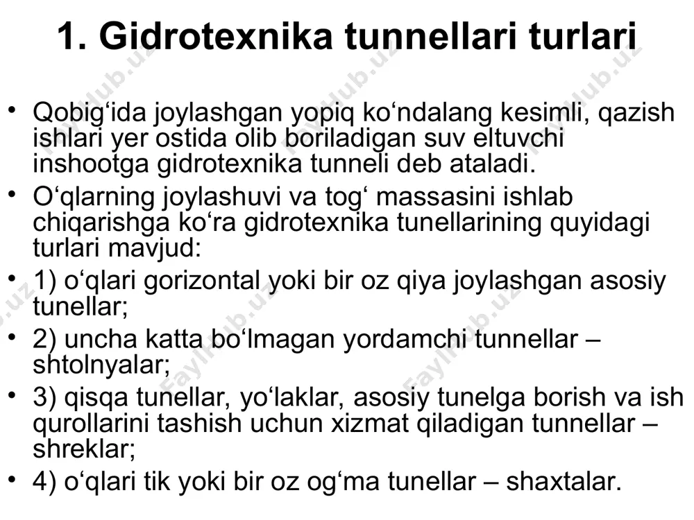 6.bosimli tunnellar qoplamasini statik hisoblari v.g.galerkin normal zo‘riqishlar tog‘ jinsining elastiklik qarshiligi qoplama qismlari bo‘yicha 2700 markaziy burchak bilan ta’sir qildi o.e.bugayeva uslubi bo‘yicha qoplamani hisoblash sxemasi. suv o‘tkazuvchi inshoot turini tanlash uchun nazorat savollari gidrotexnika tunneli haqida umumiy ma’lumot bering. gidrotexnika tunnellarini tasniflang. gidrotexnika tunneli turi qanday qabul qilinadi? tunnelga tog‘ bosimi qanaqa ta’sir qiladi? gidrotexnika tunneliga ta’sir etuvchi tog‘ bosimi qanday aniqlanadi? bosimsiz tunnellarga ta’rif bering. bosimli tunnellarning loyihalanishi nimaga asoslangan? bosimli tunnellar ichki qoplamalarining qanaqa turlarini bilasiz? portallarning vazifasi nima? portal devori kanalga qanday tutashadi? qoplamaning tog‘ bosimini hisobi qaysi uslub yordamida bajariladi? qoplamani tunnel to‘liq suv bilan to‘ldirilmaganda suv bosimiga hisobi qaysi bog‘liqliklar asosida amalga oshiriladi? qoplamaning gumbaz qulfini grunt suvlari bosimiga hisobini izohlab bering. qoplamaning yon tomondagi tog‘ bosimiga hisobi qaysi holatlar uchun bajariladi? ikki qatlamli qoplamalar hisobi nechta qismdan iborat? bosimsiz tunnellar qoplamasi statik hisoblaridan maqsad nima? qoplamaga qanday asosiy kuchlar ta’sir etadi? bosimsiz …