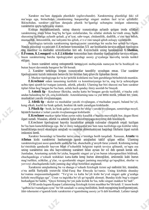 ratoriya sharoitida ovqatlanish orqali, shuningdek, teriga elektr toki bilan ta’sir qilish tufayli mustahkamlashda aynan bir hayvonda bir xil shartli qo‘zg‘ovchiga javoban ikki xil dinamik stereotipni hosil qilish mumkin. xarakter stereotiplar va so‘lak ajralishidan iborat ijobiy va tormozlanish shartli reaksiyalari bilan javob qaytaradi. teriga elektr toki bilan ta’sir qilish sharoitda esa qo‘zg‘ovchilarning o‘ziga mudofaa harakatlari stereotiplari reaksiyasi bilan javob beradi. bu hodisalar negizida yotgan fiziologik mexanizm ko‘chirish mexanizmi deyiladi. ko‘chirish mexanizmining mohiyati shuki, sharoitga bog‘liq tarzda markaziy nerv sistemasida har xil funksional holat paydo bo‘ladi, chunonchi, ovqatlanishning markazlarida kuchli qo‘zg‘alish yuzaga keladi va bunda ovqatlanish bilan bog‘liq dominanta tug‘iladi. teriga elektr toki bilan ta’sir qilishda mudofaa bilan bog‘liq harakat markazlari kuchli qo‘zg‘alish tufayli muhofaza (mudofaa) dominantasi vujudga keladi. hayvonlardagi mazkur hodisalarning shaxs xarakteri xislatlari namoyon bo‘lishi bilan o‘xshashligi mavjud. bular: 1) ular hayvonlar va odamlar uchun stereotip xususiyatga ega; 2) sharoitga bog‘liq holda odamlarda va hayvonlarda bir qo‘zg‘ovchiga javoban xilma-xil stereotip …