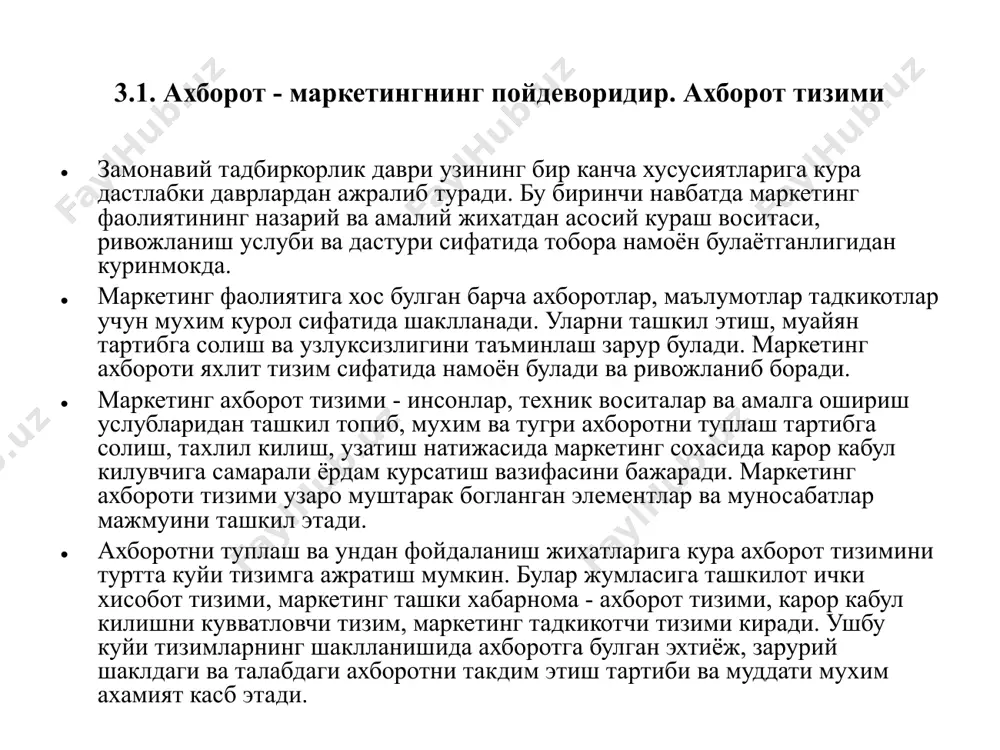 ларини жахонда барча булинмалари буйича утказади. хар бир махсулот гурухи буйича мутахассисларнинг кундалик фаолиятлари харидорлар талабини урганиш, ташкилот сотув хажмини ошириш, янги махсулотни режалаштириш ва шу каби муаммоларни хал этиш билан боглик булади. одатда маркетинг тадкикотлари 5 та йуналиш буйича амалга оширилади: 1. рекламани ташкил этиш тадкикотлари. 2. стратегик режалаштириш ва ташкилот сиёсати (киска ва узок муддатли башоратлар утказиш, амалий фаоллик, нарх сиёсатидаги узгаришлар ва корхона натижалари, бозор манзилгохлари, оператив ялпи тахлил, ташкилот ички мухити тахлили, экспорт бозори кузатувлари ва х.к.) 3. ташкилот маъсулияти буйича изланишлар. 4. бозор тахлили. 5. сотув имкониятлари ва маркетинг изланишлари (салохиятли бозорларни аниклаш, бозор таркиби тахлили, сотув хажми узгаришлари тахлили, синов маркетинги утказиш, сотишни рагбатлантириш тадбирларини урганиш буйича ва х.к.) маркетинг хусусида тупланган барча ахборот ва хабарлар бошкаришда карор килишни кувватловчи куйи тизим сифатида, тахлилий услублар, ишланмалар, карор кабул килиш моделлари, компьютер дастурларидан таркиб топади. бошкариш доирасида кабул килинаётган карорлар маълум манбаларга тахлилий натижаларга асосланган …